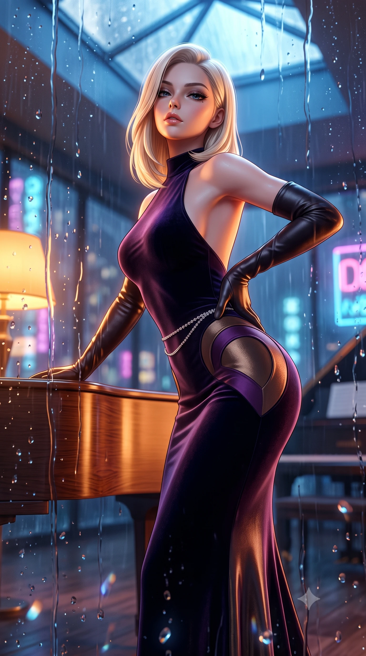 score_9, masterpiece, best quality, ultra-detailed, high-budget anime keyframe, semi-realistic 3D game render, editorial fashion photography, tasteful artistic composition, Caucasian woman. close-up cowboy shot from the waist and thighs up, the character dominates the composition, filling the frame with her large presence. tilting her chin up with proud, sovereign allure while gazing through thick eyelashes, one hand resting on her waist in pure supermodel charisma while leaning forward against the sleek curved piano rim with lower back arched, casting an alluring over-the-shoulder bedroom-glance through rain-streaked glass. The composition keeps background elements in soft focus with creamy bokeh. streaming glass raindrop tracks and crystal glass refractions scattering melancholic light motes. She has an exceptionally elegant, slender, and willowy female figure with an ultra-slim waist, a gracefully sculpted slender torso, toned flat midriff, and rounded feminine hips creating an alluring hourglass silhouette. sharp v-shaped jawline, high-bridge nose, intricate jewel-like eyes with depth, thick eyelashes, glossy parted lips with a natural sheen, intensely captivating and seductive bedroom-eyes expression, flawlessly proportioned anatomical accuracy, strict slender model proportions, natural body alignment, perfectly sculpted long slender limbs, ultra-slim waistline, clean dynamic posture without body distortion. wearing a form-contouring midnight velvet mermaid gown with curved architectural hip cutouts in deep plum violet and antique bronze, crafted from luxurious metallic lamé that shifts radiance with every step, accented with a dainty diamond waist chain catching the ambient neon reflections, the glove-like aerodynamic silhouette tightly following the natural contour of her hips and long slender legs with statuesque precision. bathed in warm amber incandescent piano lamp glow contrasting with cool blue rain-slicked skylight. highly saturated vibrant anime colors, detailed shading with soft gradients, rich glossy textures, high-contrast stereoscopic depth, volumetric dynamic lighting, master piece, 9:16 ratio