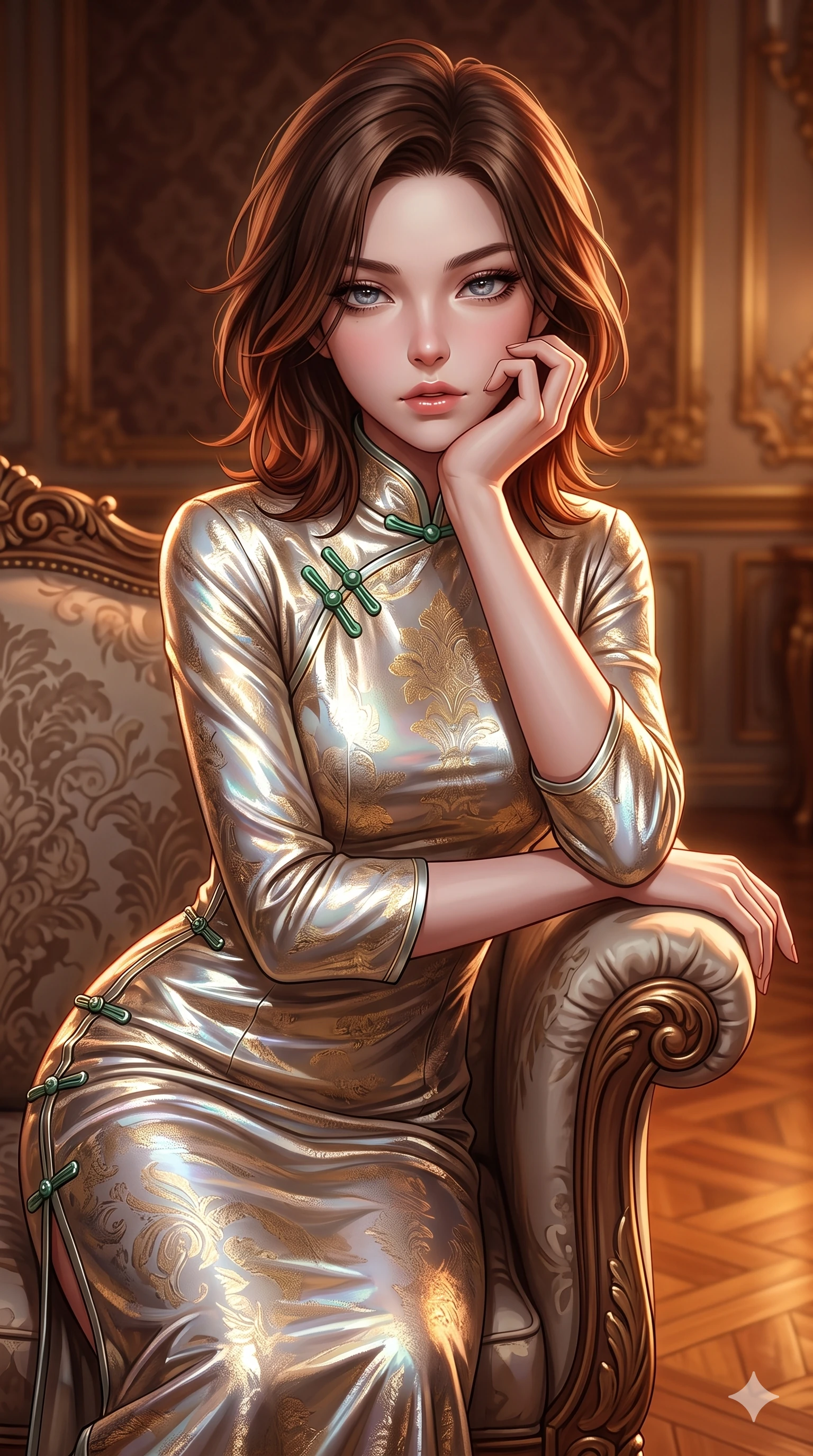 score_9, masterpiece, best quality, ultra-detailed, high-budget anime keyframe, semi-realistic 3D game render, editorial fashion photography, tasteful artistic composition, Korean woman. close-up cowboy shot from the waist and thighs up, the character dominates the composition, filling the frame with her large presence. resting one elbow on the table and supporting her chin, leaning close to the camera with heavy-lidded sparkling eyes and parted lips while resting one elbow on the carved settee armrest and supporting her chin, leaning close to the camera with heavy-lidded smoldering bedroom-eyes. The background shows a soft-focus vintage aristocratic salon atmosphere softened in damask salon shallow focus. She has an exceptionally elegant, slender, and willowy female figure with an ultra-slim waist, flat toned midriff, narrow ribcage, and sculpted feminine hips creating an alluring, slim hourglass silhouette without bulk. sharp v-shaped jawline, high-bridge nose, intricate jewel-like sparkling eyes with depth, thick eyelashes, glossy parted lips with a natural sheen, intensely captivating and seductive bedroom-eyes expression, exuding both youthful cute charm and sovereign luxury allure, flawlessly proportioned anatomical accuracy, strict slender model proportions, natural body alignment, perfectly sculpted long slender limbs, ultra-slim waistline, clean dynamic posture without body distortion. wearing an aristocratic gold-leaf jacquard brocade shift dress with high boat neckline and elegant bracelet sleeves in iridescent mother-of-pearl and liquid molten silver, crafted from luxurious metallic lamé that shifts radiance with every step, finished with sleek jade frog closures glinting along her high collar, the impeccably tailored cut draping gracefully along her slender figure with aristocratic poise. illuminated by polished parquet bounce and sharp bronze-amber rim lights sculpting her razor-sharp jawline, narrow waist, and curvy hips. highly saturated vibrant anime colors, detailed shading with soft gradients, rich glossy textures, high-contrast stereoscopic depth, volumetric dynamic lighting, master piece, 9:16 ratio