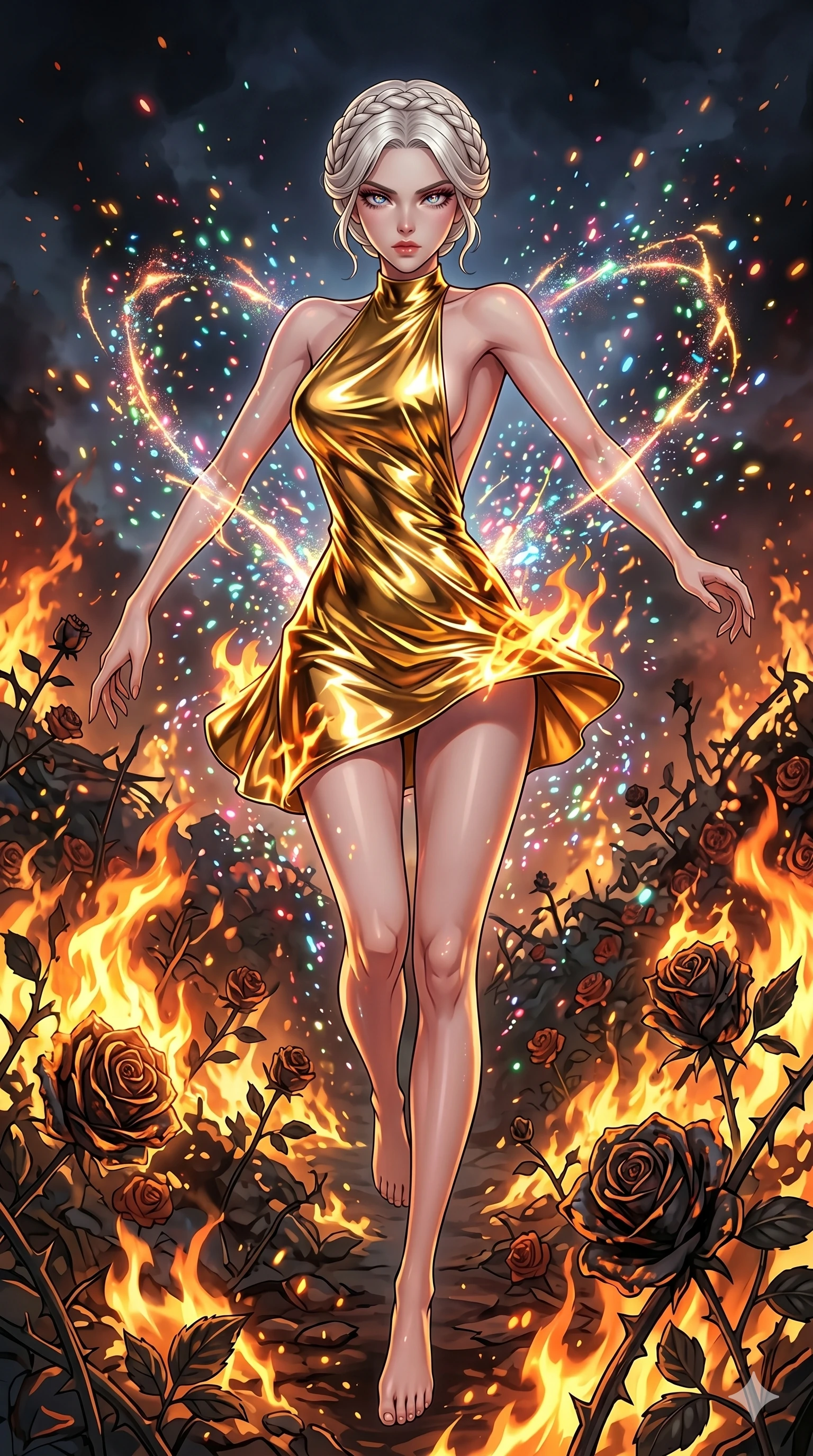 score_9, masterpiece, best quality, ultra-detailed, Set A: High-budget Anime Keyframe, Korean woman. Low angle cowboy shot filling the entire 9:16 frame with her statuesque presence. Leaping through a burning rose garden, while her eyes glow with 230 different colors and surrounded by glowing energy sparks. She has an absolutely perfect 8-heads proportion, an exceptionally tall and slender female figure with impossibly long slender legs and an ultra-slim waist. Sharp v-shaped jawline, high-bridge nose, intricate jewel-like eyes with depth, thick eyelashes, glossy lips with a natural sheen. Wearing Liquid gold mini-dress with a sharp architectural silhouette and open back. Cinematic lighting, vibrant colors, dramatic shadows, 2k, ultra detail, master piece, 9:16 ratio