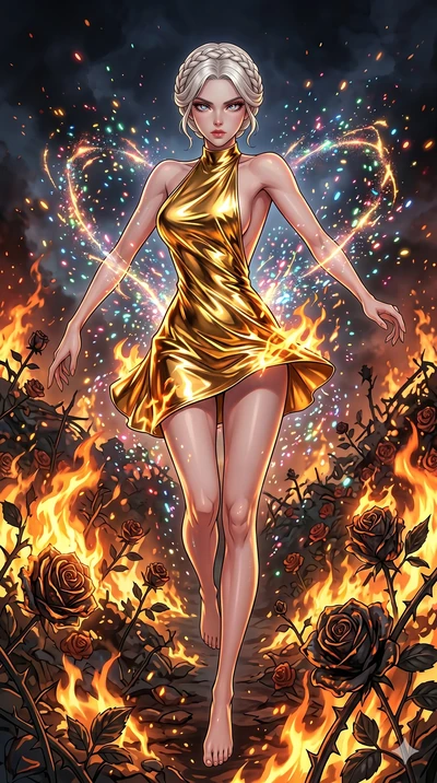 score_9, masterpiece, best quality, ultra-detailed, Set A: High-budget Anime Keyframe, Korean woman. Low angle cowboy shot filling the entire 9:16 frame with her statuesque presence. Leaping through a burning rose garden, while her eyes glow with 230