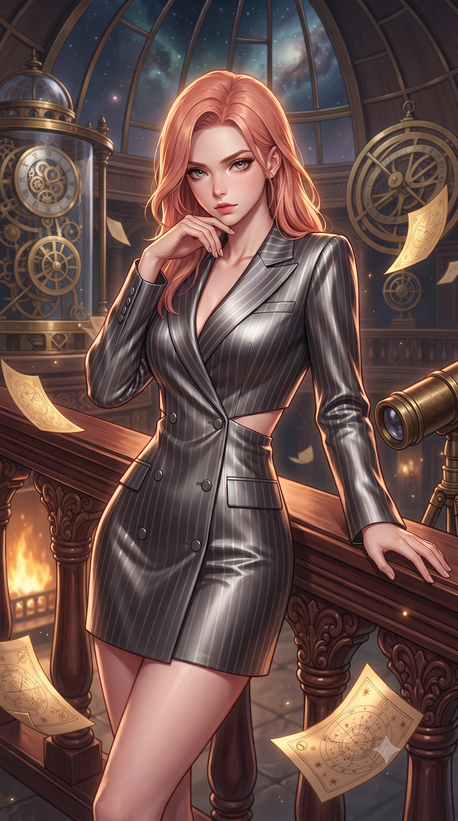 score_9, masterpiece, best quality, ultra-detailed, high-budget anime keyframe, editorial fashion photography, tasteful artistic composition, Japanese woman. close-up cowboy shot from the waist and thighs up, the character dominates the composition, filling the frame with her large presence, background elements kept in soft focus. Resting her chin on the backs of her fingers, casting a sharp, mysterious gaze leaning against a vintage mahogany balustrade inside a mechanical observatory, golden paper pages fluttering gently around her in a magical breeze. She has an exceptionally elegant, slender, and willowy female figure with an ultra-slim waist, a gracefully sculpted slender torso, and a refined silhouette. sharp v-shaped jawline, high-bridge nose, intricate jewel-like eyes with depth, thick eyelashes, glossy lips with a natural sheen. wearing a double-breasted blazer dress with metallic pin-stripes in charcoal grey and platinum, crafted from lustrous satin jersey with fluid draping, featuring subtle geometric cutouts that highlight her ultra-slim midriff, the form-contouring material highlighting her ultra-slim waist and long lines. surrounded by warm hearth light and dramatic bronze rim highlights. highly saturated vibrant anime colors, detailed shading with soft gradients, rich glossy textures, high-contrast stereoscopic depth, volumetric dynamic lighting, master piece, 9:16 ratio