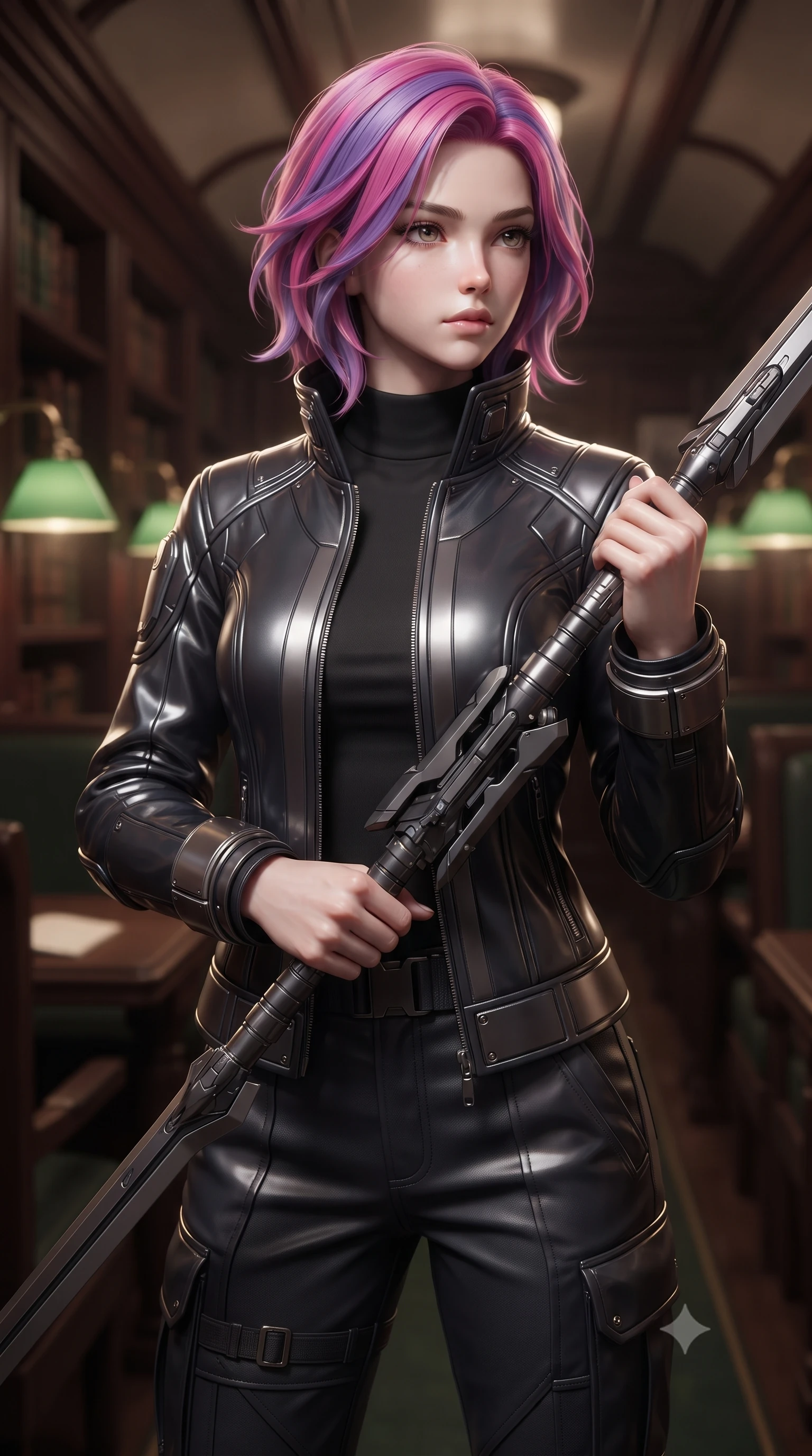 score_9, masterpiece, best quality, ultra-detailed, high-budget anime keyframe, editorial fashion photography, tasteful artistic composition, Caucasian woman. close-up cowboy shot from the waist and thighs up, the character dominates the composition, filling the frame with her large presence, background elements kept in soft focus. holding a deactivated nanotech glaive, looking past the camera with quiet, sharp focus and a composed expression, the background shows a soft-focus a train library car with wood-lined shelves and green reading lamps. She has an exceptionally elegant, slender, and willowy female figure with an ultra-slim waist, a gracefully sculpted slender torso, and a refined silhouette. sharp v-shaped jawline, high-bridge nose, intricate jewel-like eyes with depth, thick eyelashes, glossy lips with a natural sheen. wearing a tailored heavy carbon-plated defender jacket with reinforced cuffs, worn over a black mock-neck shirt and utility trousers. soft warm glow from reading lamps creating a quiet, focused mood. ultra-reflective glossy finish, specular highlights, metallic sheen, high-contrast stereoscopic depth, volumetric dynamic lighting, 2k, ultra detail, master piece, 9:16 ratio