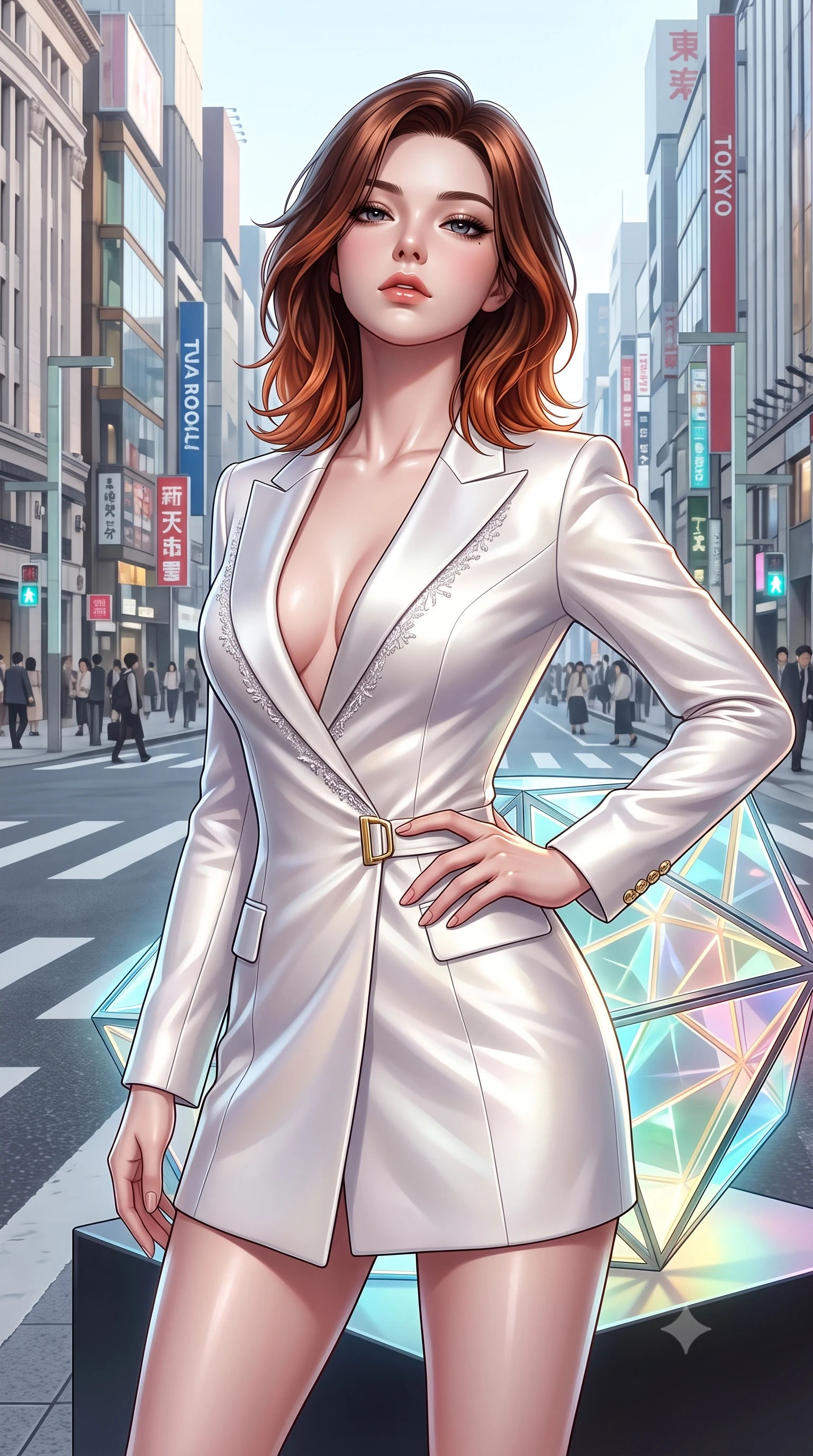 score_9, masterpiece, best quality, ultra-detailed, high-budget anime keyframe, semi-realistic 3D game render, editorial fashion photography, tasteful artistic composition, Korean woman. close-up cowboy shot from the waist and thighs up, the character dominates the composition, filling the frame with her large presence. tilting her chin up with proud, sovereign allure while gazing through thick eyelashes, one hand resting on her waist in pure supermodel charisma while standing poised beside a glowing geometric art installation, twisting her slender torso in an alluring contrapposto stance in the designer light. The surrounding environment is rendered in vivid detail and crisp panoramic clarity. detailed couture fabric textures, glossy skin highlights, and Tokyo Ginza streetscape clarity in high resolution. She has an exceptionally elegant, slender, and willowy female figure with an ultra-slim waist, flat toned midriff, narrow ribcage, and sculpted feminine hips creating an alluring, slim hourglass silhouette without bulk. sharp v-shaped jawline, high-bridge nose, intricate jewel-like eyes with depth, thick eyelashes, glossy parted lips with a natural sheen, intensely captivating and seductive bedroom-eyes expression, flawlessly proportioned anatomical accuracy, strict slender model proportions, natural body alignment, perfectly sculpted long slender limbs, ultra-slim waistline, clean dynamic posture without body distortion. wearing a tailored velvet tuxedo jacket dress with satin lapels, worn with a deep plunge neckline and gold hip buckle in pure alabaster white and sun-kissed gold, tailored from ultra-smooth duchess satin with a pearlescent sheen, finished with delicate crystal frost embroidery tracing the plunging neckline, the liquid-tight tailored fabric clinging flawlessly to her narrow waist and rounded feminine hips, emphasizing every millimeter of her sculpted slim hourglass curves without any bulky heaviness. illuminated by crisp crystal facet specular glints sharply defining her sculpted collarbones, ultra-slim waist, and curvy hips. highly saturated vibrant anime colors, detailed shading with soft gradients, rich glossy textures, high-contrast stereoscopic depth, volumetric dynamic lighting, master piece, 9:16 ratio
