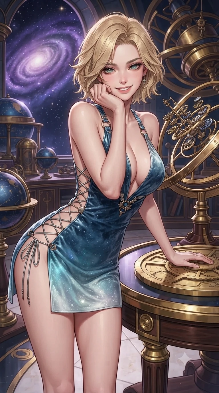 score_9, masterpiece, best quality, ultra-detailed, high-budget anime keyframe, editorial fashion photography, tasteful artistic composition, Caucasian woman. close-up cowboy shot from the waist and thighs up, the character dominates the composition, filling the frame with her large presence. resting one elbow on the table and supporting her chin, leaning close to the camera with heavy-lidded sparkling eyes and parted lips while leaning against the polished brass equatorial ring with hips cocked back, looking through celestial gear trains at the purple galaxy nebula with heavy-lidded bedroom-eyes. The surrounding environment is rendered in vivid detail and crisp panoramic clarity: detailed garment tailoring, metallic hardware accents, and monumental Renaissance astronomical engineering in high resolution. She has an exceptionally elegant, slender, and willowy female figure with an ultra-slim waist, flat toned midriff, narrow ribcage, and sculpted feminine hips creating an alluring, slim hourglass silhouette without bulk. sharp v-shaped jawline, high-bridge nose, intricate jewel-like sparkling eyes with depth, thick eyelashes, glossy parted lips with a natural peach sheen, bright cheerful beaming smile with an enchanting and coquettish sensual glint, exuding both youthful cute charm and seductive allure, flawlessly proportioned anatomical accuracy, strict slender model proportions, natural body alignment, perfectly sculpted long slender limbs, ultra-slim waistline, clean dynamic posture without body distortion. wearing a backless crushed velvet mini dress with a deep plunging neckline and hip-high thigh slit in glacial aurora cyan and starlight silver, tailored from high-gloss patent leather with mirror-like specular highlights, featuring fine criss-cross lace-up side ties revealing tantalizing glimpses of her hip curve, the bespoke structured tailoring following the natural line of her 8.5-heads silhouette with refined elegance. illuminated by polished brass reflection bounce and sharp starlight-gold rim lights defining her razor-sharp jawline, narrow waist, and curvy hips. ultra-reflective glossy finish, specular highlights, rich textural contrasts, high-contrast stereoscopic depth, volumetric dynamic lighting, 2k, ultra detail, master piece, 9:16 ratio