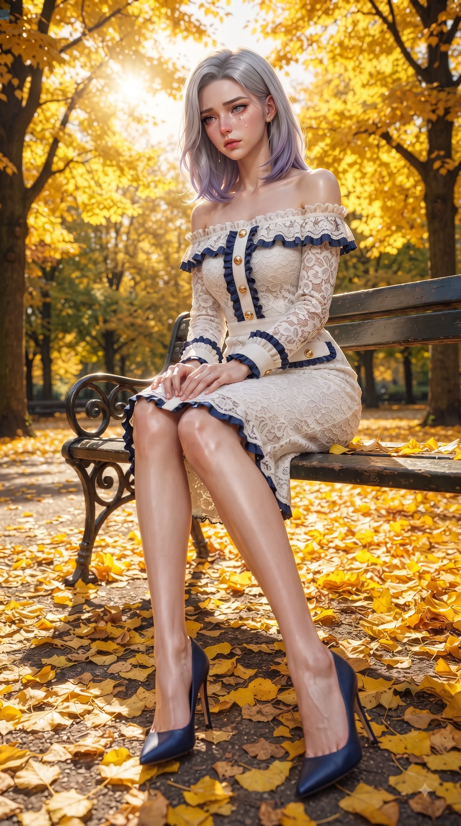 score_9, masterpiece, best quality, ultra-detailed, high-budget anime keyframe, editorial fashion photography, tasteful artistic composition, Caucasian woman. low angle full-body shot from head to toe showing her feet, filling the entire 9:16 vertical frame with her statuesque presence, stretching her vertical silhouette. Heart-tugging melancholic glance with a subtle drop of emotion in her eyes and a quiet wistful posture while sitting on a classic park bench surrounded by a carpet of bright yellow fallen leaves. The surrounding environment is rendered in vivid detail and crisp panoramic clarity. vibrant autumn sunlight scattering through golden leaves with high environmental clarity. She has an absolutely perfect, statuesque 8.5-heads proportion, an exceptionally tall and slender model-like female figure with impossibly long slender legs and an ultra-slim waist. sharp v-shaped jawline, high-bridge nose, intricate jewel-like eyes with depth, thick eyelashes, glossy lips with a natural sheen, flawlessly proportioned anatomical accuracy, natural body alignment, perfectly sculpted elegant limbs, clean dynamic posture without body distortion. wearing a chic white lace off-shoulder midi dress decorated with delicate ruffle trims in royal navy blue and pure ivory, tailored from structured wool crepe with clean lines, finished with gold metallic hardware buttons along the front, the tailored fit highlighting her statuesque and model-like silhouette. bathed in brilliant golden autumn sunlight and warm tree canopy backlighting. ultra-reflective glossy finish, specular highlights, metallic sheen, high-contrast stereoscopic depth, volumetric dynamic lighting, 2k, ultra detail, master piece, 9:16 ratio
