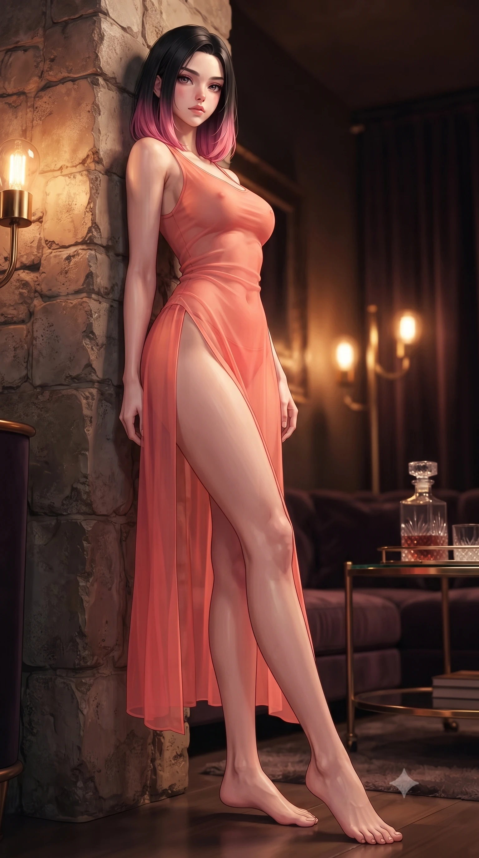 score_9, masterpiece, best quality, ultra-detailed, high-budget anime keyframe, editorial fashion photography, tasteful artistic composition, Korean woman. low angle full-body shot from head to toe showing her feet, filling the entire 9:16 vertical frame with her statuesque presence, stretching her vertical silhouette. leaning back against a rustic stone wall, casting a slow, alluring gaze at the camera the background shows a soft-focus a dark velvet lounge corner with vintage gold lamps and a crystal decanter table. She has an absolutely perfect, statuesque 8.5-heads proportion, an exceptionally tall and slender model-like female figure with impossibly long slender legs and an ultra-slim waist. sharp v-shaped jawline, high-bridge nose, intricate jewel-like eyes with depth, thick eyelashes, glossy lips with a natural sheen. wearing a form-contouring high-slit sheer chiffon resort dress in soft coral, revealing the contours of her athletic build through the fabric. low-contrast warm amber glow creating a cozy, mysterious mood. highly saturated vibrant anime colors, detailed shading with soft gradients, rich glossy textures, high-contrast stereoscopic depth, volumetric dynamic lighting, master piece, 9:16 ratio