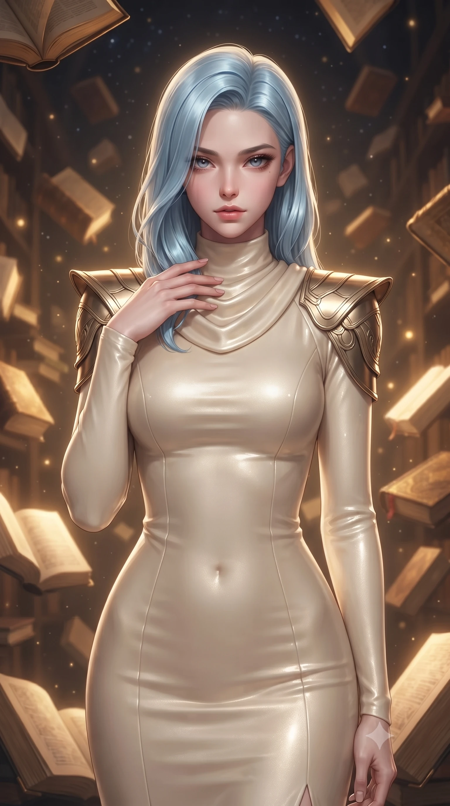score_9, masterpiece, best quality, ultra-detailed, high-budget anime keyframe, editorial fashion photography, tasteful artistic composition, Korean woman. close-up cowboy shot from the waist and thighs up, the character dominates the composition, filling the frame with her large presence, background elements kept in soft focus. standing with one hand resting on her collarbone, looking at the viewer with bedroom-eyes the background shows a soft-focus a starlight library chamber with glowing leather-bound manuscripts floating mid-air. She has an exceptionally elegant, slender, and willowy female figure with an ultra-slim waist, a gracefully sculpted slender torso, and a refined silhouette. sharp v-shaped jawline, high-bridge nose, intricate jewel-like eyes with depth, thick eyelashes, glossy lips with a natural sheen. wearing a body-hugging elegant galactic senate gown in cream cashmere, featuring structured metallic gold shoulder guards and a high-neck drape. warm golden manuscript glow casting cozy, mysterious lighting. ultra-reflective glossy finish, specular highlights, metallic sheen, high-contrast stereoscopic depth, volumetric dynamic lighting, 2k, ultra detail, master piece, 9:16 ratio