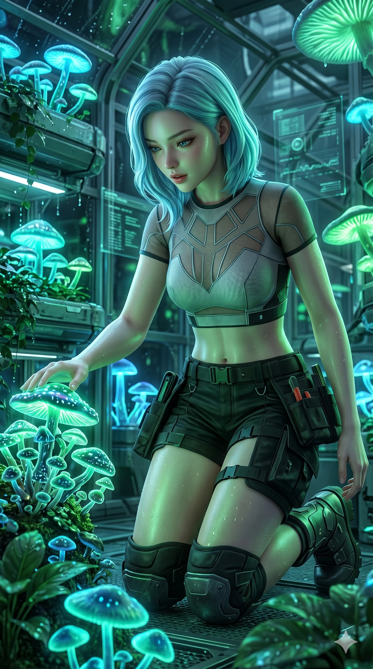 score_9, masterpiece, best quality, ultra-detailed, high-budget anime keyframe, semi-realistic 3D game render, Korean woman. Upper body close-up from the thighs up, character filling the screen for maximum presence. Standing in a high-tech greenhouse filled with glowing neon mushrooms, kneeling down to touch a glowing mushroom cap with a fascinated expression. She is wearing a cropped tech-wear top with sheer panels, utility shorts, and protective boots. The scene is bathed in the bioluminescent blue and green light of the mushrooms. 2k, ultra detail, master piece, 9:16 ratio