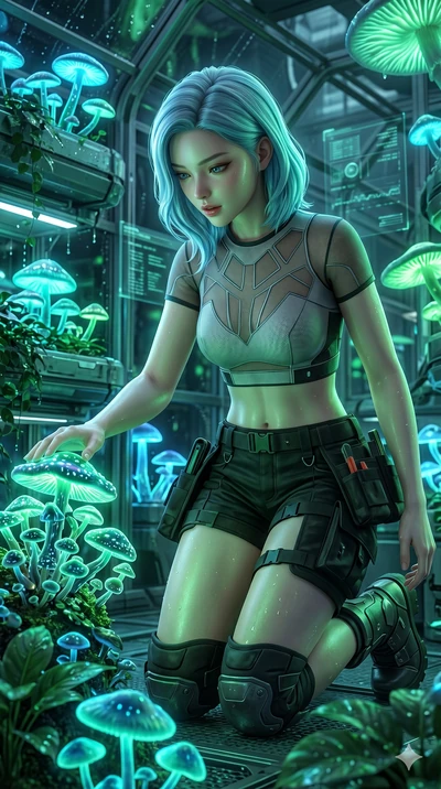 score_9, masterpiece, best quality, ultra-detailed, high-budget anime keyframe, semi-realistic 3D game render, Korean woman. Upper body close-up from the thighs up, character filling the screen for maximum presence. Standing in a high-tech greenhouse
