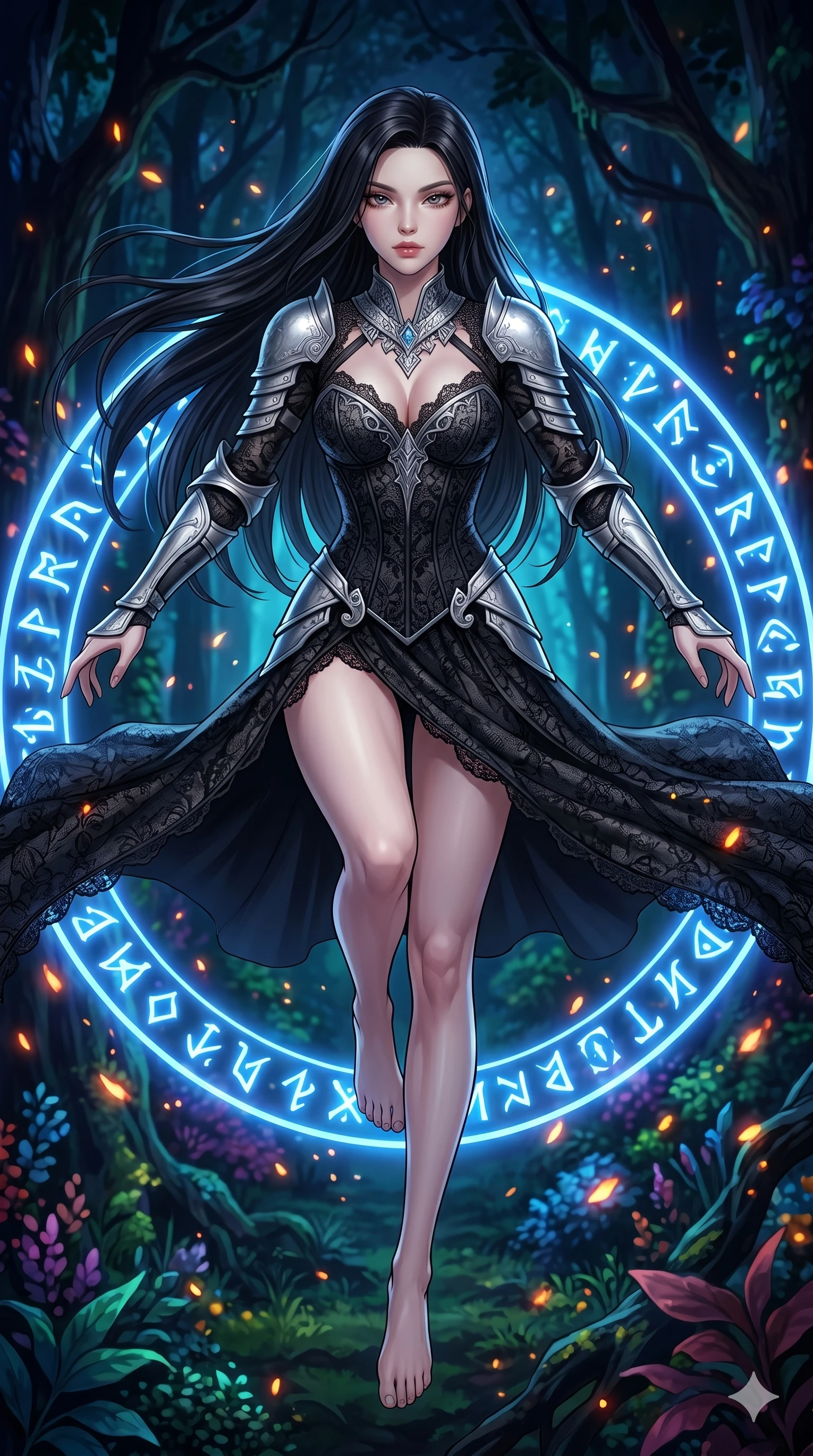 score_9, masterpiece, best quality, ultra-detailed, Set C: High-budget Anime Keyframe, Korean woman. Low angle cowboy shot filling the entire 9:16 frame with her statuesque presence. Leaping through a ring of glowing runes in an ancient forest at night. She has an absolutely perfect 8-heads proportion, an exceptionally tall and slender female figure with elegant long slender legs and an slender waist. Sharp v-shaped jawline, high-bridge nose, intricate jewel-like eyes with depth, thick eyelashes, glossy lips. Wearing a Dark Fantasy outfit: gothic lace corset gown with silver armor and a sophisticated v-neckline. Background is a bright and colorful dark forest with glowing blue runes and mystical embers. 2k, ultra detail, master piece, 9:16 ratio