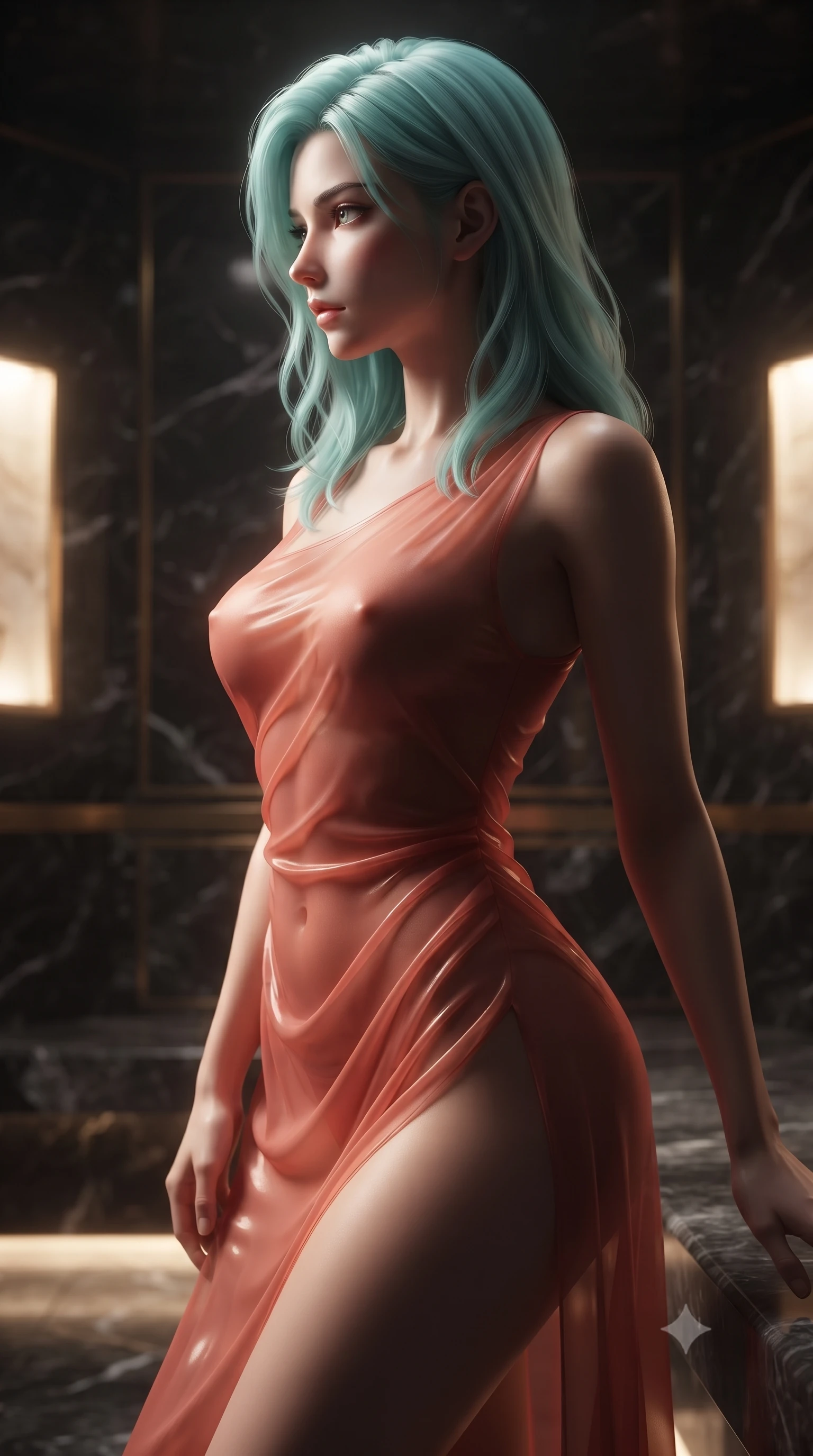 score_9, masterpiece, best quality, ultra-detailed, high-budget anime keyframe, editorial fashion photography, tasteful artistic composition, Japanese woman woman. close-up cowboy shot from the waist and thighs up, the character dominates the composition, filling the frame with her large presence, background elements kept in soft focus. turning her face in sharp profile, casting a cold, mysterious, yet intensely alluring side gaze, the background shows a soft-focus a private steam room built of dark obsidian stone with gold accents. She has an exceptionally elegant, slender, and willowy female figure with an ultra-slim waist, a gracefully sculpted slender torso, and a refined silhouette. sharp v-shaped jawline, high-bridge nose, intricate jewel-like eyes with depth, thick eyelashes, glossy lips with a natural sheen. wearing a form-contouring high-slit sheer chiffon resort dress in soft coral, revealing the contours of her athletic build through the fabric. dramatic chiaroscuro lighting focusing on her athletic, slender build. ultra-reflective glossy finish, specular highlights, metallic sheen, high-contrast stereoscopic depth, volumetric dynamic lighting, 2k, ultra detail, master piece, 9:16 ratio