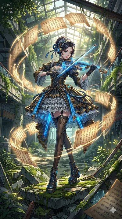 score_9, masterpiece, best quality, ultra-detailed, Set A: High-budget Anime Keyframe, Korean woman. Low angle cowboy shot filling the entire 9:16 frame with her statuesque presence. Theme: Historical Remix. playing a holographic violin in a ruined o