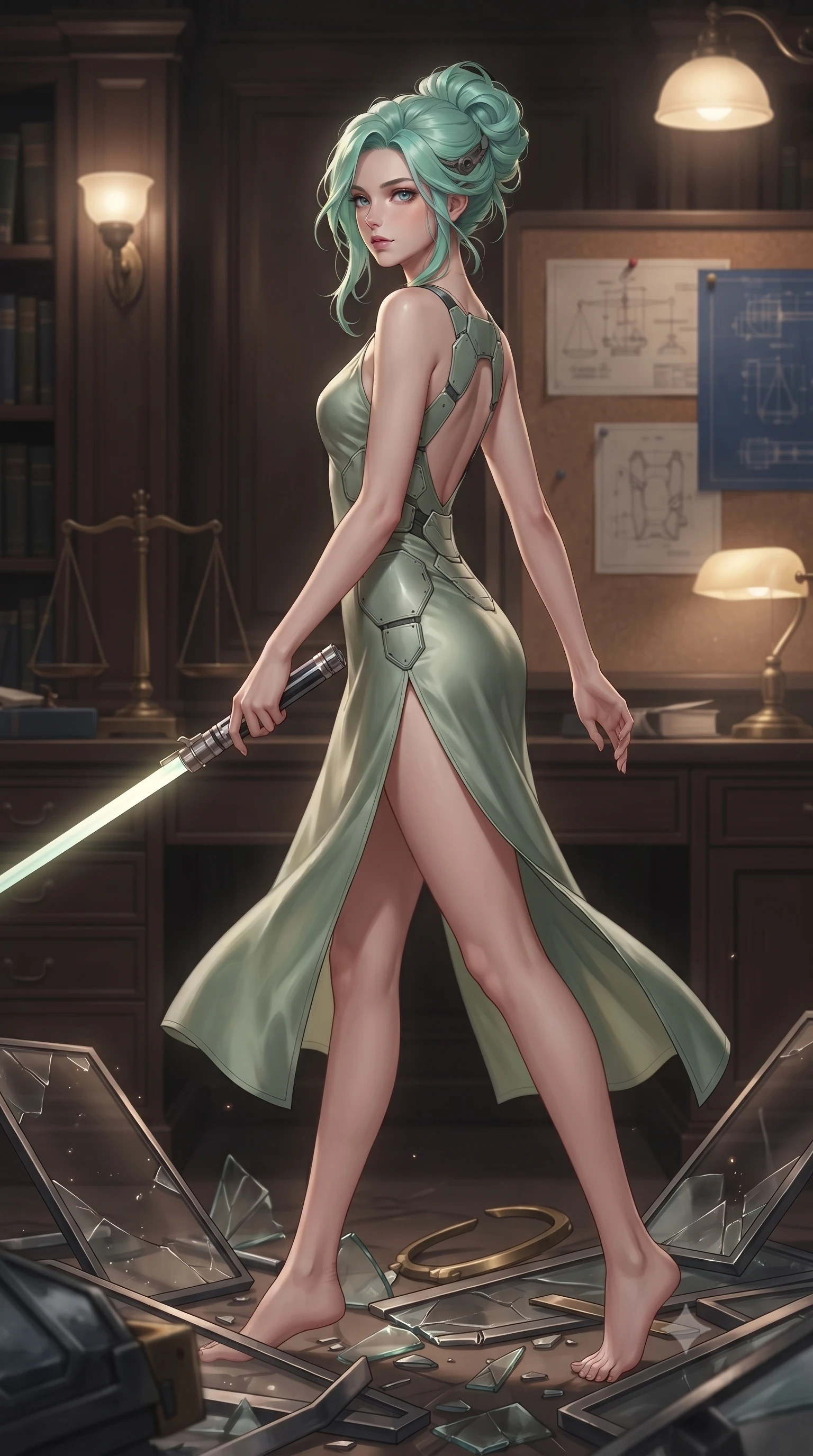 score_9, masterpiece, best quality, ultra-detailed, high-budget anime keyframe, editorial fashion photography, tasteful artistic composition, Japanese woman. low angle full-body shot from head to toe showing her feet, filling the entire 9:16 vertical frame with her statuesque presence, stretching her vertical silhouette. stepping gracefully through battlefield debris with a glowing saber hilt in hand, looking back over her shoulder, the background shows a soft-focus a foundry library room with wood panels, brass scales, and technical blue prints. She has an absolutely perfect, statuesque 8.5-heads proportion, an exceptionally tall and slender model-like female figure with impossibly long slender legs and an ultra-slim waist. sharp v-shaped jawline, high-bridge nose, intricate jewel-like eyes with depth, thick eyelashes, glossy lips with a natural sheen. wearing a slim-fit lightweight silk combat slip dress in sage green, featuring a high side slit and a low-cut back. soft warm glow from reading lamps creating a quiet and meditative mood. ultra-reflective glossy finish, specular highlights, metallic sheen, high-contrast stereoscopic depth, volumetric dynamic lighting, 2k, ultra detail, master piece, 9:16 ratio