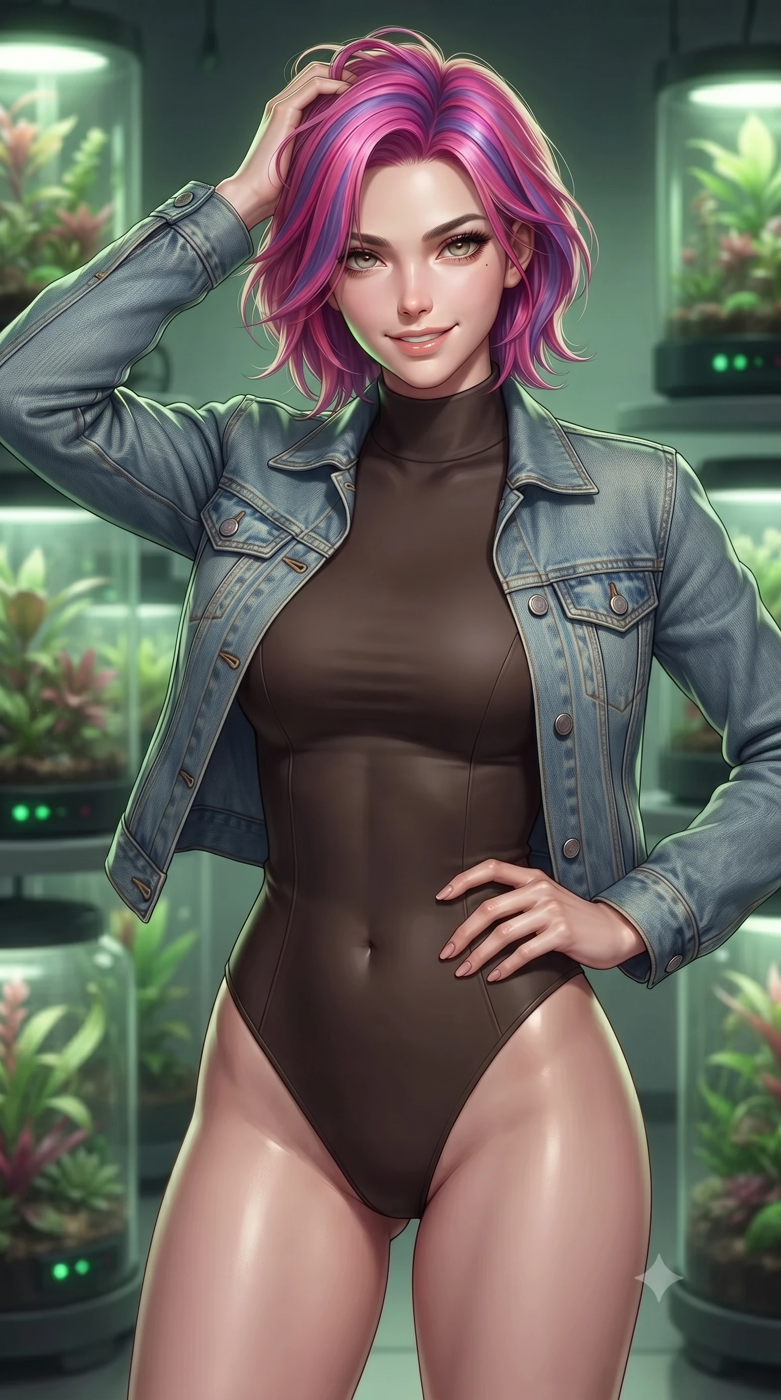score_9, masterpiece, best quality, ultra-detailed, high-budget anime keyframe, editorial fashion photography, tasteful artistic composition, Caucasian woman. close-up cowboy shot from the waist and thighs up, the character dominates the composition, filling the frame with her large presence, background elements kept in soft focus. smiling with quiet, magnetic self-assurance directly into the camera, running a hand through her hair the background shows a soft-focus a futuristic plant laboratory with glass terrariums and pulsing green indicators. She has an exceptionally elegant, slender, and willowy female figure with an ultra-slim waist, a gracefully sculpted slender torso, and a refined silhouette. sharp v-shaped jawline, high-bridge nose, intricate jewel-like eyes with depth, thick eyelashes, glossy lips with a natural sheen. wearing a slim-fit form-contouring high-neck bodysuit in dark brown, worn under a tailored open denim jacket. soft green glow radiating from the terrariums onto her sharp jawline. ultra-reflective glossy finish, specular highlights, metallic sheen, high-contrast stereoscopic depth, volumetric dynamic lighting, 2k, ultra detail, master piece, 9:16 ratio