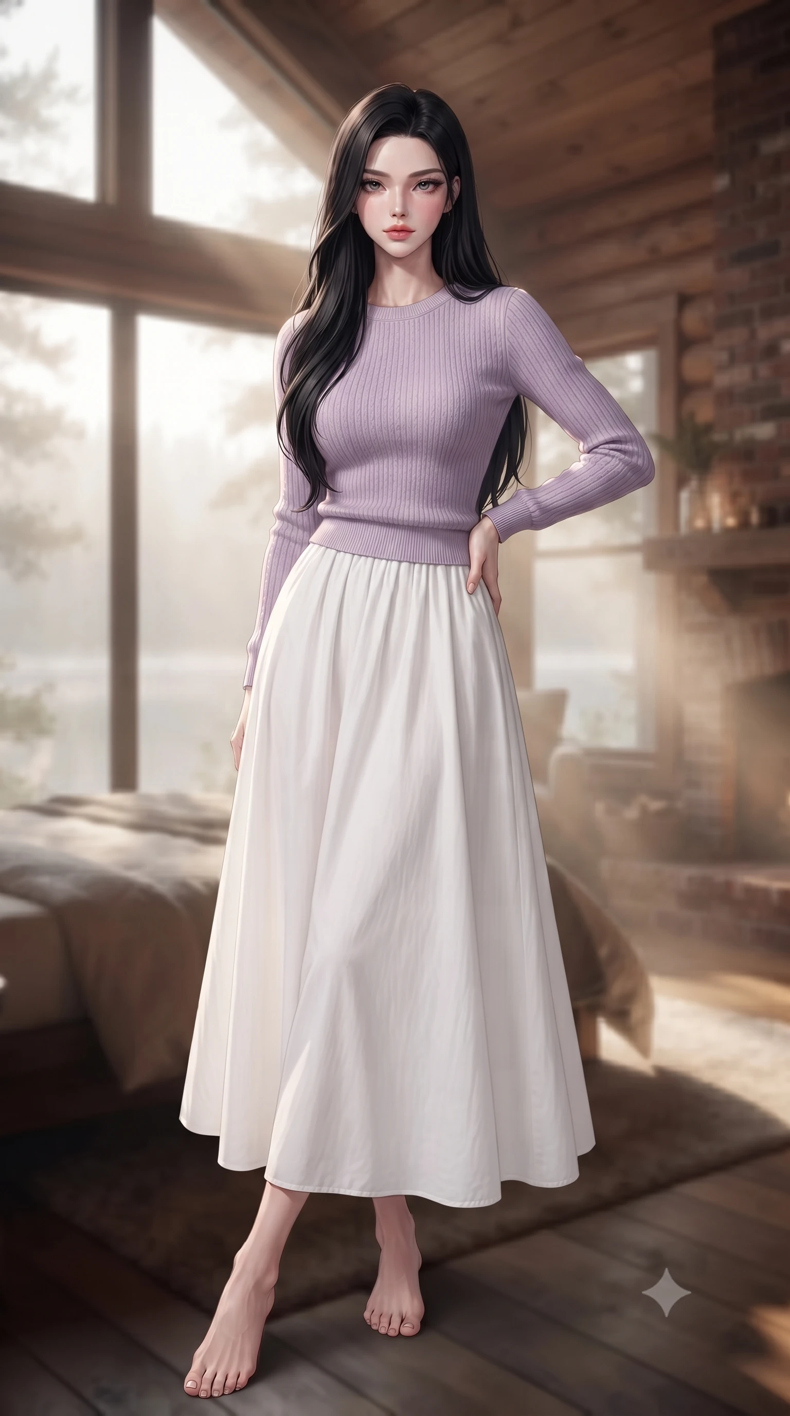 score_9, masterpiece, best quality, ultra-detailed, high-budget anime keyframe, editorial fashion photography, tasteful artistic composition, Korean woman woman. low angle full-body shot from head to toe showing her feet, filling the entire 9:16 vertical frame with her statuesque presence, stretching her vertical silhouette. posing confidently with one hand on her hip, stretching her statuesque body to emphasize her curves the background shows a soft-focus a rustic bedroom of a lakeside cabin, facing a large glass window looking out at misty waters. She has an absolutely perfect, statuesque 8.5-heads proportion, an exceptionally tall and slender model-like female figure with impossibly long slender legs and an ultra-slim waist. sharp v-shaped jawline, high-bridge nose, intricate jewel-like eyes with depth, thick eyelashes, glossy lips with a natural sheen. wearing a slim-fit soft lavender knit sweater paired with a flowy white cotton maxi skirt. soft morning mist diffusing the warm light of a brick fireplace. ultra-reflective glossy finish, specular highlights, metallic sheen, high-contrast stereoscopic depth, volumetric dynamic lighting, 2k, ultra detail, master piece, 9:16 ratio