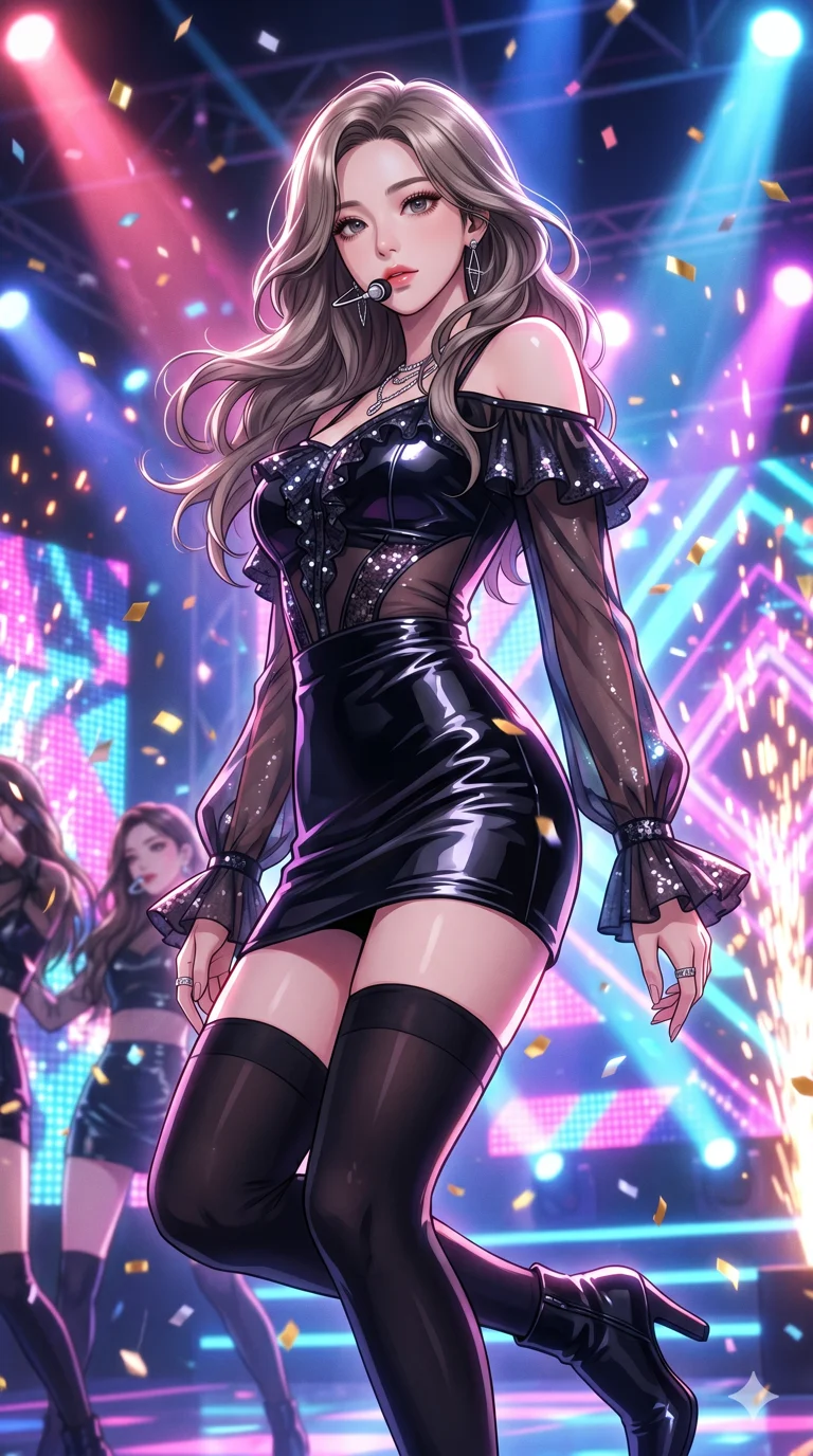 score_9, masterpiece, best quality, ultra-detailed, semi-realistic high-budget anime keyframe, an incredibly beautiful Korean woman. Low angle cowboy shot filling the frame. She has an absolutely perfect 8-heads proportion, an exceptionally tall female figure with a delicate skinny figure. Her face is a highly detailed masterpiece featuring a v-shaped jawline, high-bridge nose, intricate jewel-like eyes, thick eyelashes, and glossy lips. She has ash brown flowing hair. She is wearing a tight-fitting glossy translucent pop-star dress, sensual off-shoulder design, zettai ryouiki, highlighting her alluring silhouette. Colorful idol stage, falling confetti, dramatic rim lighting, cinematic shadows, 2k, ultra detail, master piece, 9:16 ratio