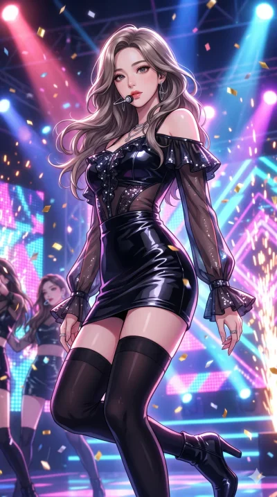 score_9, masterpiece, best quality, ultra-detailed, semi-realistic high-budget anime keyframe, an incredibly beautiful Korean woman. Low angle cowboy shot filling the frame. She has an absolutely perfect 8-heads proportion, an exceptionally tall fema