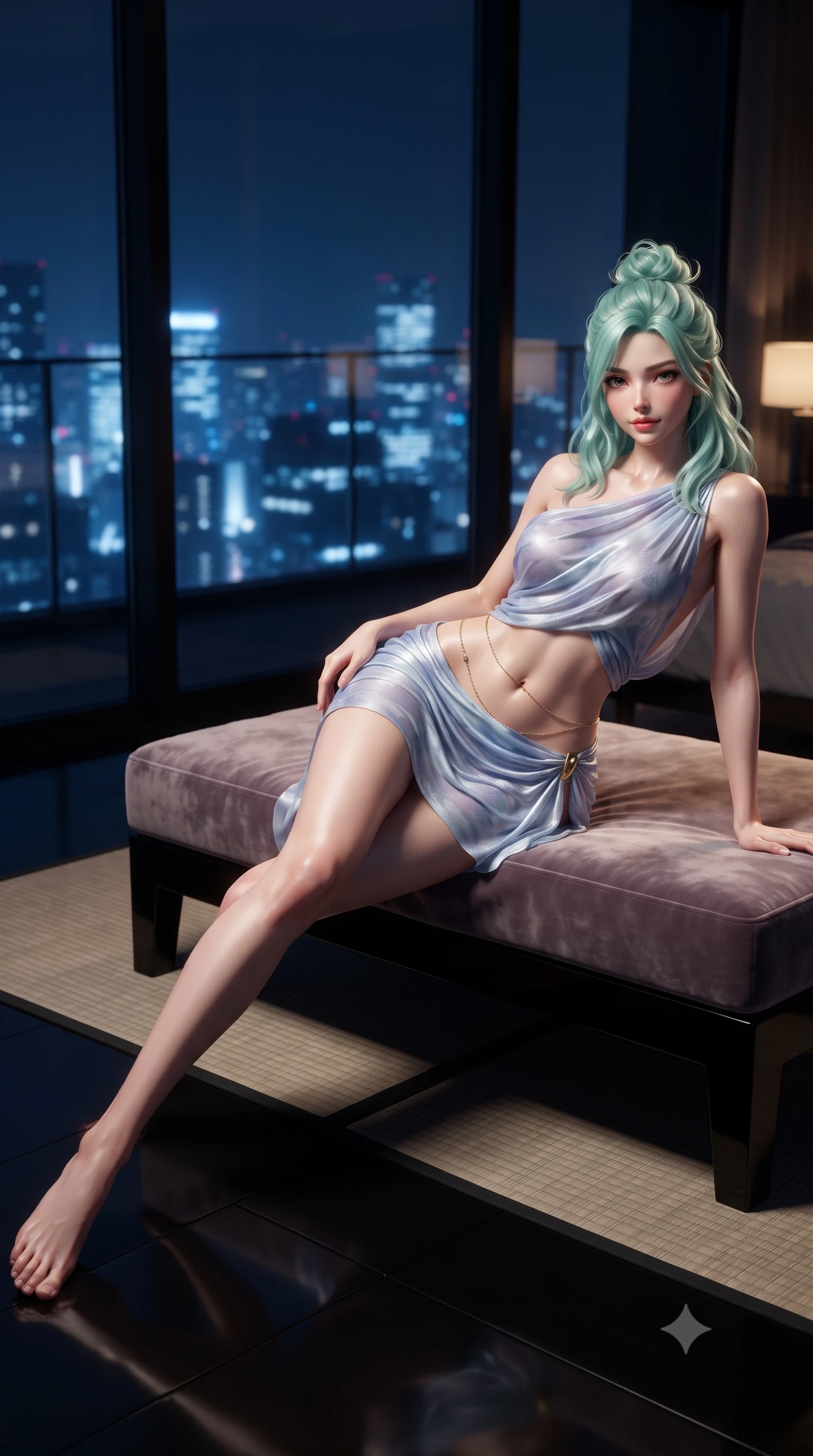 score_9, masterpiece, best quality, ultra-detailed, high-budget anime keyframe, editorial fashion photography, tasteful artistic composition, Japanese woman. low angle full-body shot from head to toe showing her feet, filling the entire 9:16 vertical frame with her statuesque presence, stretching her vertical silhouette. reclining gracefully across the plush chaise lounge with one leg extended, her sculpted silhouette and flat midriff radiating magnetic nocturnal glamour while reclining sideways across the low platform daybed with legs extended, resting on one forearm with sovereign femme fatale charisma. The surrounding environment is rendered in vivid detail and crisp panoramic clarity: sharp textured weave of black washi tatami mats, high-gloss piano-black lacquer reflections, and glass facade joint clarity in deep focus. She has an absolutely perfect, statuesque 8.5-heads proportion, an exceptionally tall and slender model-like female figure with impossibly long slender legs, an ultra-slim waist, a flat toned midriff, narrow delicate ribcage, and beautifully sculpted feminine hips creating a graceful, slim hourglass silhouette without any bulky heaviness. sharp v-shaped jawline, high-bridge nose, sparkling eyes with hypnotic seductive depth, thick curled eyelashes, glossy parted lips with a natural dewy peach sheen, alluring bedroom-eyes with an enchanting coquettish smile, exuding magnetic siren charisma and sophisticated glamour, flawlessly proportioned anatomical accuracy, strict slender model proportions, natural body alignment, perfectly sculpted long slender limbs, ultra-slim waistline, clean dynamic posture without body distortion. wearing a draped Greek-goddess style silk chiffon mini toga dress with an open back and golden hip fibula in icy aurora-violet and glacial liquid silver, made of semi-opaque stretch illusion mesh with soft shadowy contours, accented with a dainty gold belly chain resting across her flat midriff and curving hips, the form-contouring silhouette accentuating her sculpted flat midriff, narrow delicate ribcage, and gracefully curvy hips with intoxicating allure. bathed in dramatic low-level warm 3000K floor wash lights mixed with distant blue-and-white city skyline ambient fill. ultra-reflective glossy finish, specular highlights, rich textural contrasts, high-contrast stereoscopic depth, volumetric dynamic lighting, 2k, ultra detail, master piece, 9:16 ratio