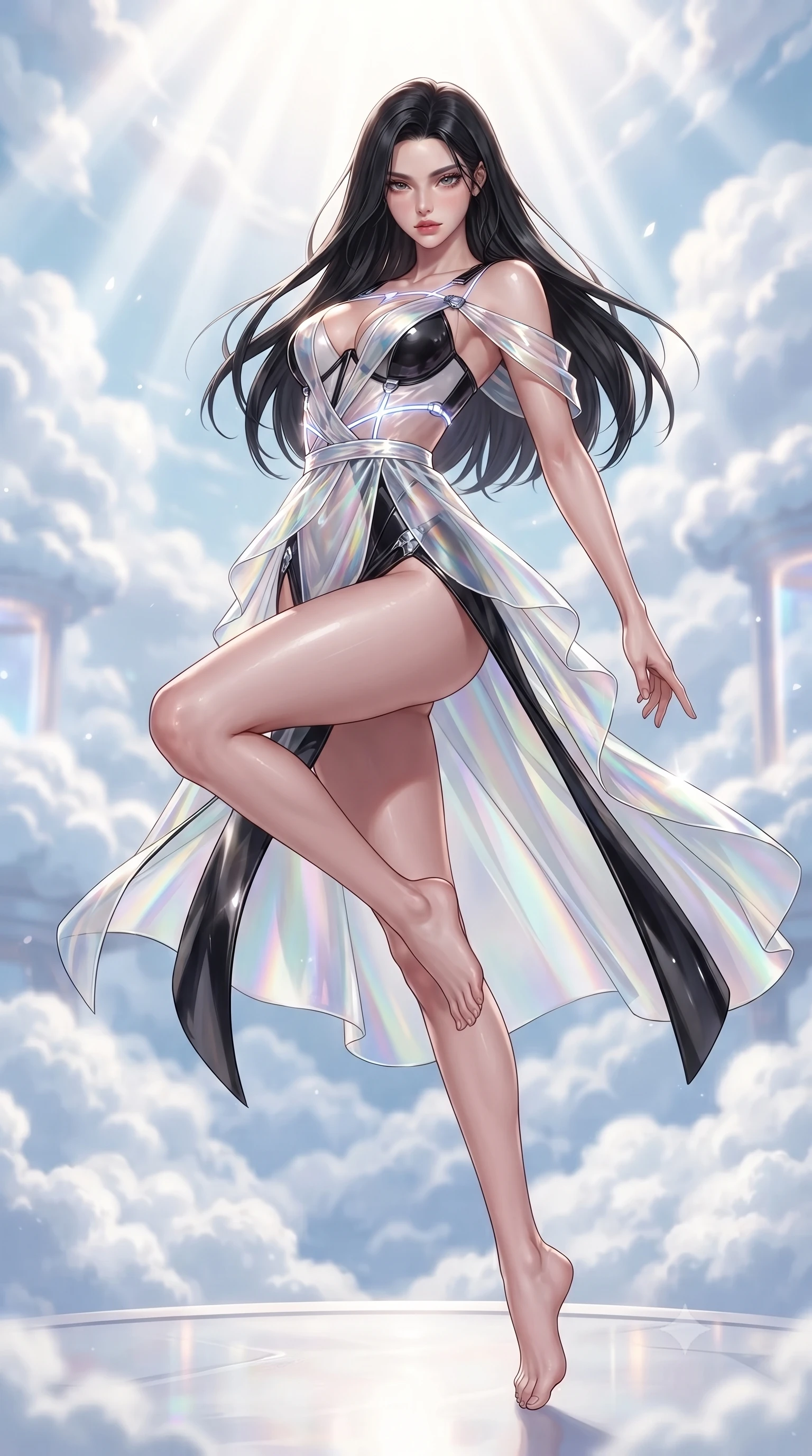 score_9, masterpiece, best quality, ultra-detailed, high-budget anime keyframe, editorial fashion photography, tasteful artistic composition, Korean woman. low angle full-body shot from head to toe showing her feet, filling the entire 9:16 vertical frame with her statuesque presence, stretching her vertical silhouette. performing an alluring mid-air vault with flawless poise, looking directly into the camera with smoldering intensity while pivoting dynamically on a polished quartz terrace suspended above rolling white cumulus cloud banks. The composition keeps background elements in soft focus with creamy bokeh. brilliant high-noon sunrays scattering radiant light curtains across a bright backdrop. She has an absolutely perfect, statuesque 8.5-heads proportion, an exceptionally tall and slender model-like female figure with impossibly long slender legs, a toned flat midriff, and an ultra-slim waist. sharp v-shaped jawline, high-bridge nose, intricate jewel-like eyes with depth, thick eyelashes, glossy lips with a natural sheen, flawlessly proportioned anatomical accuracy, strict slender model proportions, natural body alignment, perfectly sculpted long slender limbs, ultra-slim waistline, clean dynamic posture without body distortion. wearing a translucent iridescent organza wrap dress with structured bustier boning, plunging neckline, and high-cut dual leg slits in high-gloss monochrome white and sharp black contrast, crafted from ultra-reflective second-skin latex with a high-gloss glass-like polish, reinforced by a sleek metallic chrome harness and delicate glowing micro-straps, the precision-cut daring openings accentuating her delicate midriff, graceful bare collarbones, and ultra-slim feminine waistline. surrounded by an exhilarating, elevated, and radiantly sensual cloud-palace aura. ultra-reflective glossy finish, specular highlights, metallic sheen, high-contrast stereoscopic depth, volumetric dynamic lighting, 2k, ultra detail, master piece, 9:16 ratio