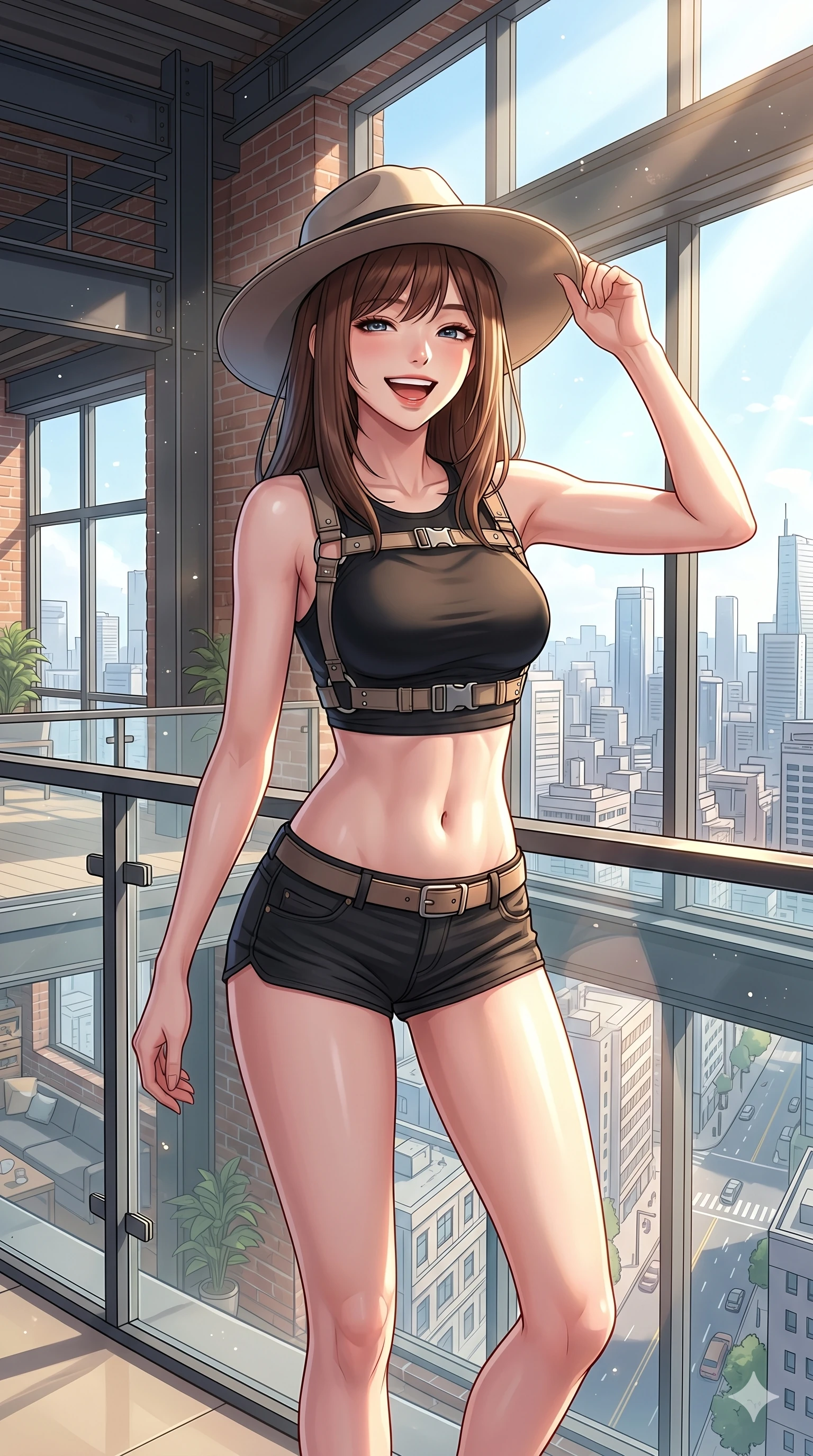 score_9, masterpiece, best quality, ultra-detailed, high-budget anime keyframe, vibrant anime aesthetic, Korean woman. cowboy shot from the thighs up, character and outfit filling the frame for maximum presence. She is laughing cheerfully while adjusting her hat in the bright afternoon sun inside a loft apartment overlooking the skyline (Code-P20-117). She has an absolutely perfect 8-heads proportion, an exceptionally tall and slender female figure with impossibly long slender legs and an ultra-slim waist. V-shaped jawline, high-bridge nose, intricate jewel-like eyes with depth, thick eyelashes, glossy lips with a natural sheen. wearing a harness over crop top exposing bare midriff and micro-shorts. She is bright sunbeams casting soft highlights on her athletic form at the terrace. 2k, ultra detail, master piece, 9:16 ratio