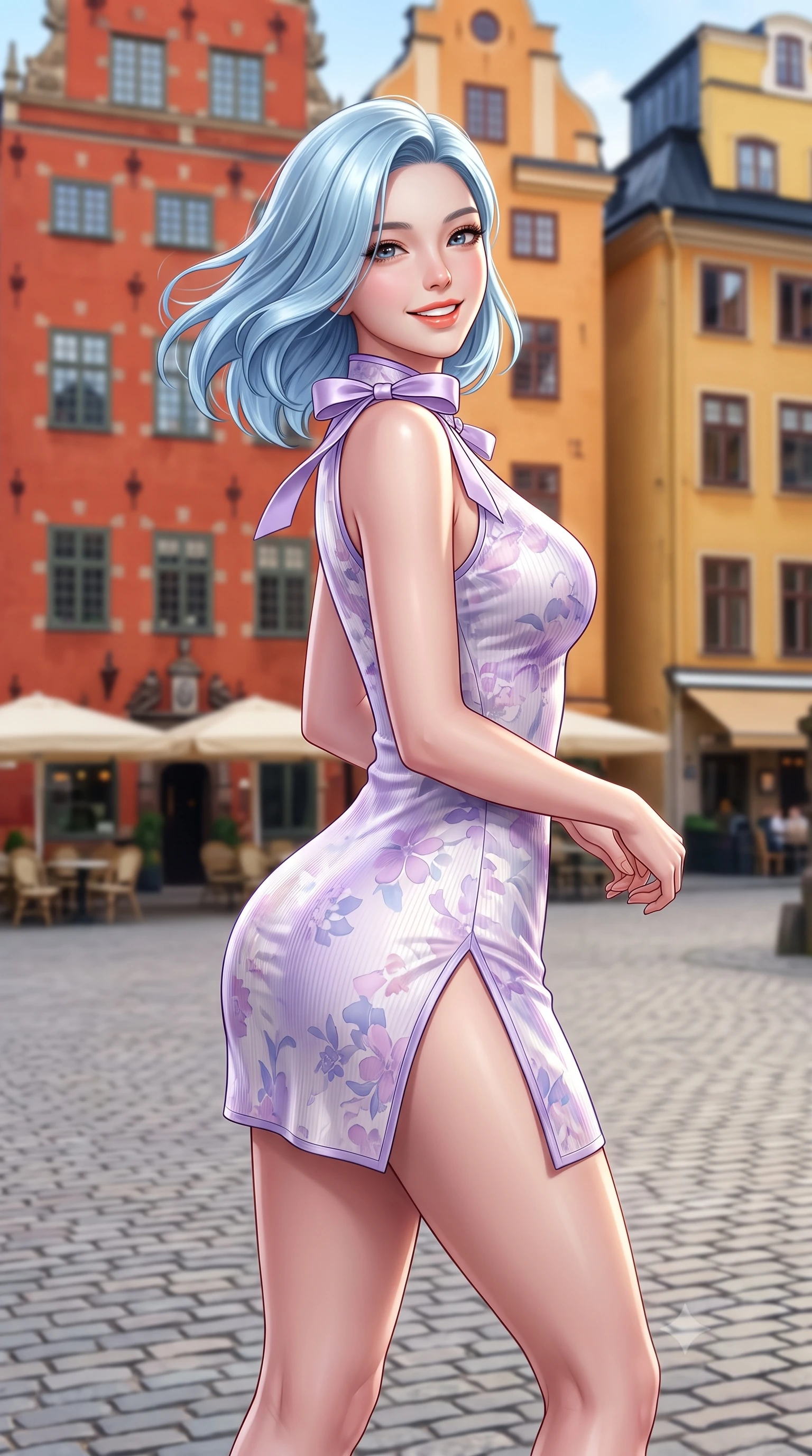 score_9, masterpiece, best quality, ultra-detailed, high-budget anime keyframe, semi-realistic 3D game render, editorial fashion photography, tasteful artistic composition, Korean woman. close-up cowboy shot from the waist and thighs up, the character dominates the composition, filling the frame with her large presence. turning playfully with a bright confident smile, her glossy hair tossing in the breeze as her hips angle gracefully in a captivating contrapposto while standing in the historic cobblestone square in front of tall 17th-century terracotta and mustard merchant houses, arching her back with a radiant Nordic smile. The composition keeps background elements in soft focus with dreamy creamy bokeh. outdoor cafe umbrellas and historic cobblestone square softened in cheerful Scandinavian shallow focus. She has an exceptionally elegant, slender, and willowy female figure with an ultra-slim waist, flat toned midriff, narrow ribcage, and sculpted feminine hips creating an alluring, slim hourglass silhouette without bulk. sharp v-shaped jawline, high-bridge nose, intricate jewel-like sparkling eyes with depth, thick eyelashes, glossy parted lips with a natural peach sheen, bright cheerful beaming smile with an enchanting and coquettish sensual glint, exuding both youthful cute charm and seductive allure, flawlessly proportioned anatomical accuracy, strict slender model proportions, natural body alignment, perfectly sculpted long slender limbs, ultra-slim waistline, clean dynamic posture without body distortion. wearing a modern cute qipao mini dress with double side slits ascending to the hip in pastel floral silk in delicate lavender violet and pearlescent white, formed from supple second-skin stretch ribbed knit clinging to her form, finished with cute satin bow ribbons tying at the shoulders, the glove-like silhouette tightly following the natural contour of her hips and long slender legs with youthful 8.5-heads elegance. bathed in crisp, crystal-clear Nordic summer daylight washing across the colorful town square. highly saturated vibrant anime colors, detailed shading with soft gradients, rich glossy textures, high-contrast stereoscopic depth, volumetric dynamic lighting, master piece, 9:16 ratio