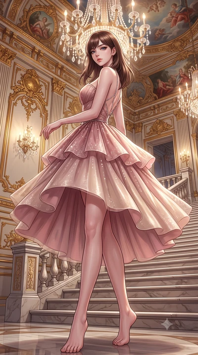 score_9, masterpiece, best quality, ultra-detailed, high-budget anime keyframe, semi-realistic 3D game render, editorial fashion photography, tasteful artistic composition, Korean woman. low angle full-body shot from head to toe showing her feet, fil