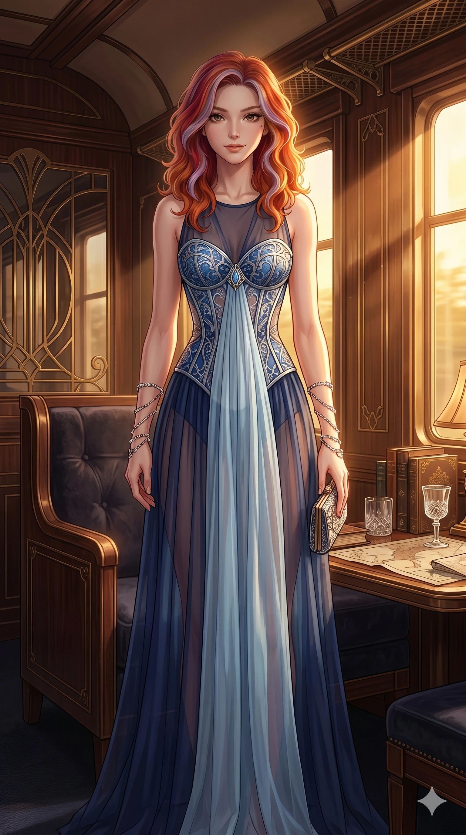 score_9, masterpiece, best quality, ultra-detailed, high-budget anime keyframe, editorial fashion photography, tasteful artistic composition, Caucasian woman, strictly human ears. cowboy shot from the thighs up, character and outfit filling the frame for maximum editorial presence. posing with quiet self-assurance, looking directly into the lens with a confident grin inside a luxury train cabin (Code-P17-178). She has an absolutely perfect 8-heads proportion, an exceptionally tall and slender female figure with impossibly long slender legs and an ultra-slim waist. V-shaped jawline, high-bridge nose, intricate jewel-like eyes with depth, thick eyelashes, glossy lips with a natural sheen. wearing a sheer chiffon dress with a blue corset bodice. bathed in warm golden afternoon sunbeams, casting a warm glowing aura on her. 2k, ultra detail, master piece, 9:16 ratio