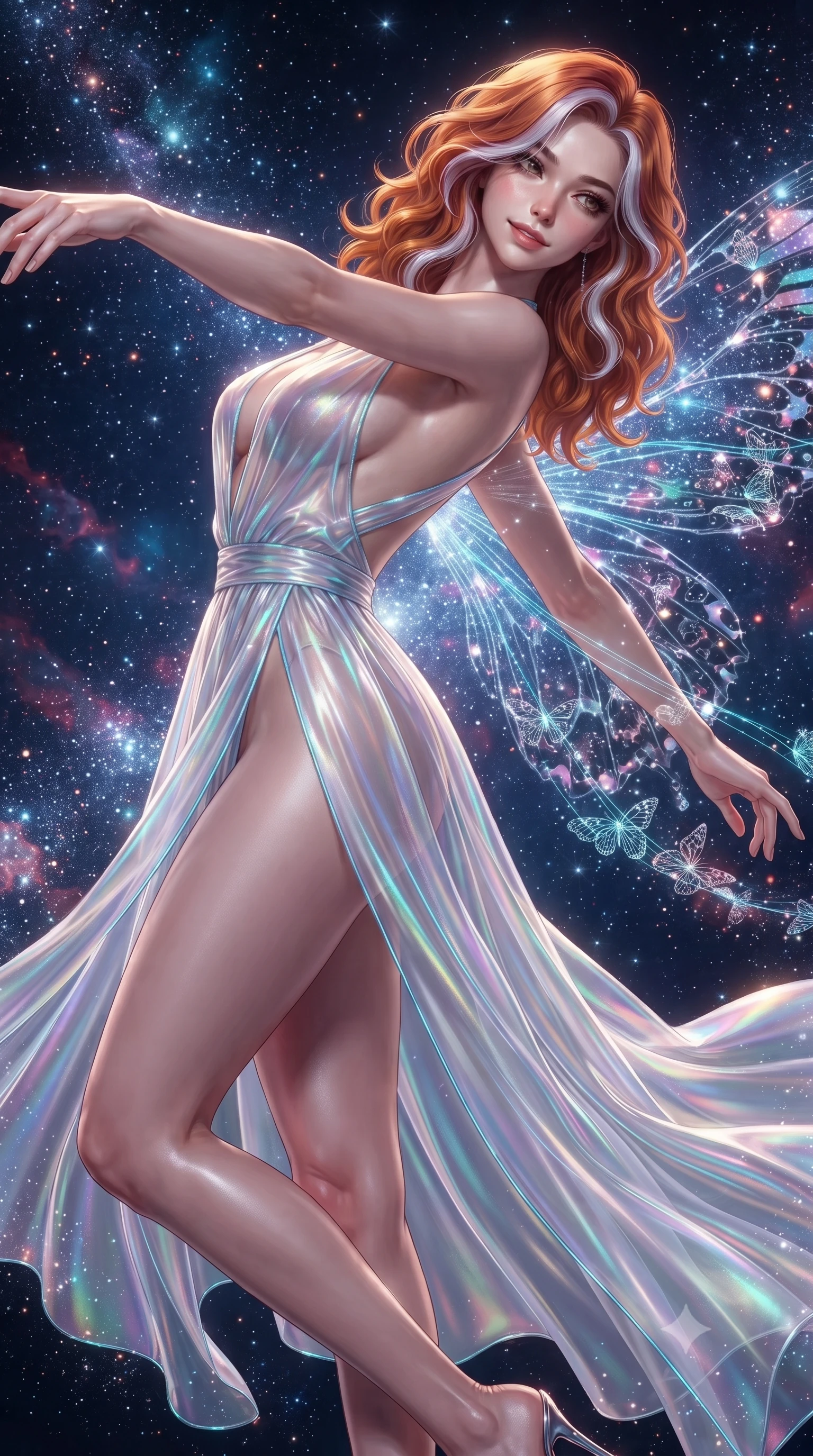 score_9, masterpiece, best quality, ultra-detailed, high-budget anime keyframe, editorial fashion photography, tasteful artistic composition, Caucasian woman. close-up cowboy shot from the waist and thighs up, the character dominates the composition, filling the frame with her large presence. stretching forward with an alluring arch of her spine, glancing over her shoulder with thick eyelashes and a smoldering half-smile while spreading her arms in a graceful zero-gravity flight pose as stardust and digital butterflies trail behind. The surrounding environment is rendered in vivid detail and crisp panoramic clarity. intricate digital butterfly wing geometries, sparkling cosmic dust particles, and nebula filaments in deep focus. She has an exceptionally elegant, slender, and willowy female figure with an ultra-slim waist, a gracefully sculpted slender torso, and a refined silhouette. sharp v-shaped jawline, high-bridge nose, intricate jewel-like eyes with depth, thick eyelashes, glossy lips with a natural sheen, flawlessly proportioned anatomical accuracy, natural body alignment, perfectly sculpted elegant limbs, clean dynamic posture without body distortion. wearing a translucent iridescent chiffon gown with a plunging neckline, high dual thigh slits, and an open back in liquid mercury silver and glowing electric cyan, tailored from semi-translucent cybernetic vinyl with glowing micro-filaments, finished with an ultra-high side slit secured by miniature magnetic clasps, the form-contouring second-skin material highlighting her ultra-slim waist and long lines. surrounded by an enchanting, weightless, and dreamily sensual cosmic atmosphere. ultra-reflective glossy finish, specular highlights, metallic sheen, high-contrast stereoscopic depth, volumetric dynamic lighting, 2k, ultra detail, master piece, 9:16 ratio