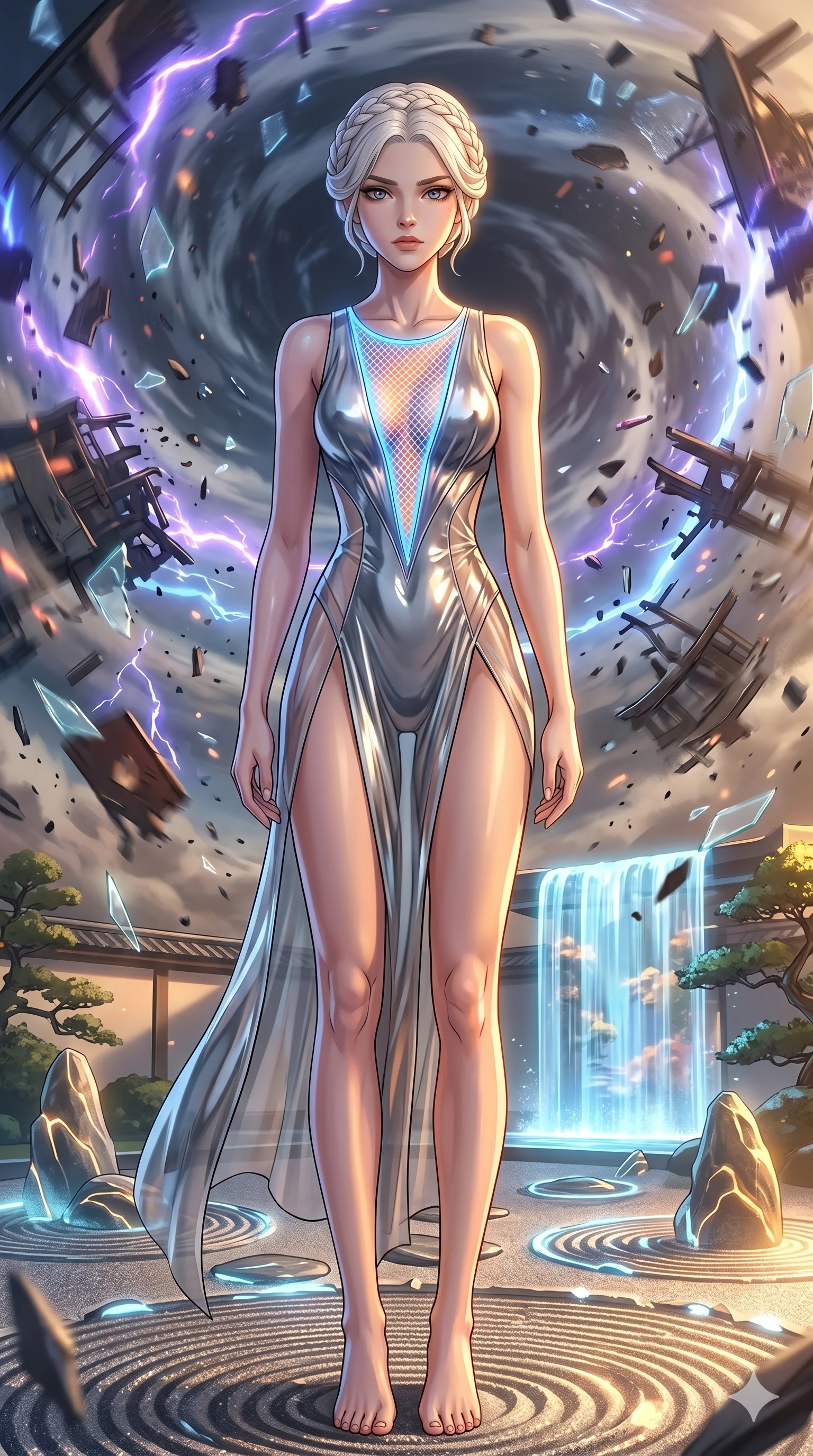 score_9, masterpiece, best quality, ultra-detailed, High-budget Anime Keyframe, vibrant colors, fluid line-art, expressive lighting, cinematic composition, Ufotable-style visual effects, top-tier animation quality, Japanese woman with delicate and elegant anime-inspired features. Low angle cowboy shot filling the entire 9:16 frame with her statuesque presence, looking up to emphasize her height. Standing in the eye of a terrifying hurricane with absolute calm, the debris of a destroyed city circling her in a violent vortex. She has an absolutely perfect 8-heads proportion, an exceptionally tall and slender female figure with impossibly long slender legs and an ultra-slim waist, her statuesque height and towering silhouette dominating the vertical 9:16 frame. Her face is a masterpiece featuring a sharp v-shaped jawline, high-bridge nose, intricate jewel-like eyes with depth, thick eyelashes, and glossy lips with a natural sheen. She is wearing a Liquid mercury fabric dress that clings perfectly to her every curve with a deep plunging neckline crafted from Fluorescent mesh that glows brightly under neon light, highlighting her silhouette, with sheer fabric transparency over her delicate curves and a high-cut silhouette. The scene is set in a serene Zen garden with metallic sand, glowing stones, and a holographic waterfall, illuminated by golden hour sunlight that gives her skin a warm, radiant glow. 2k, ultra detail, master piece, 9:16 ratio