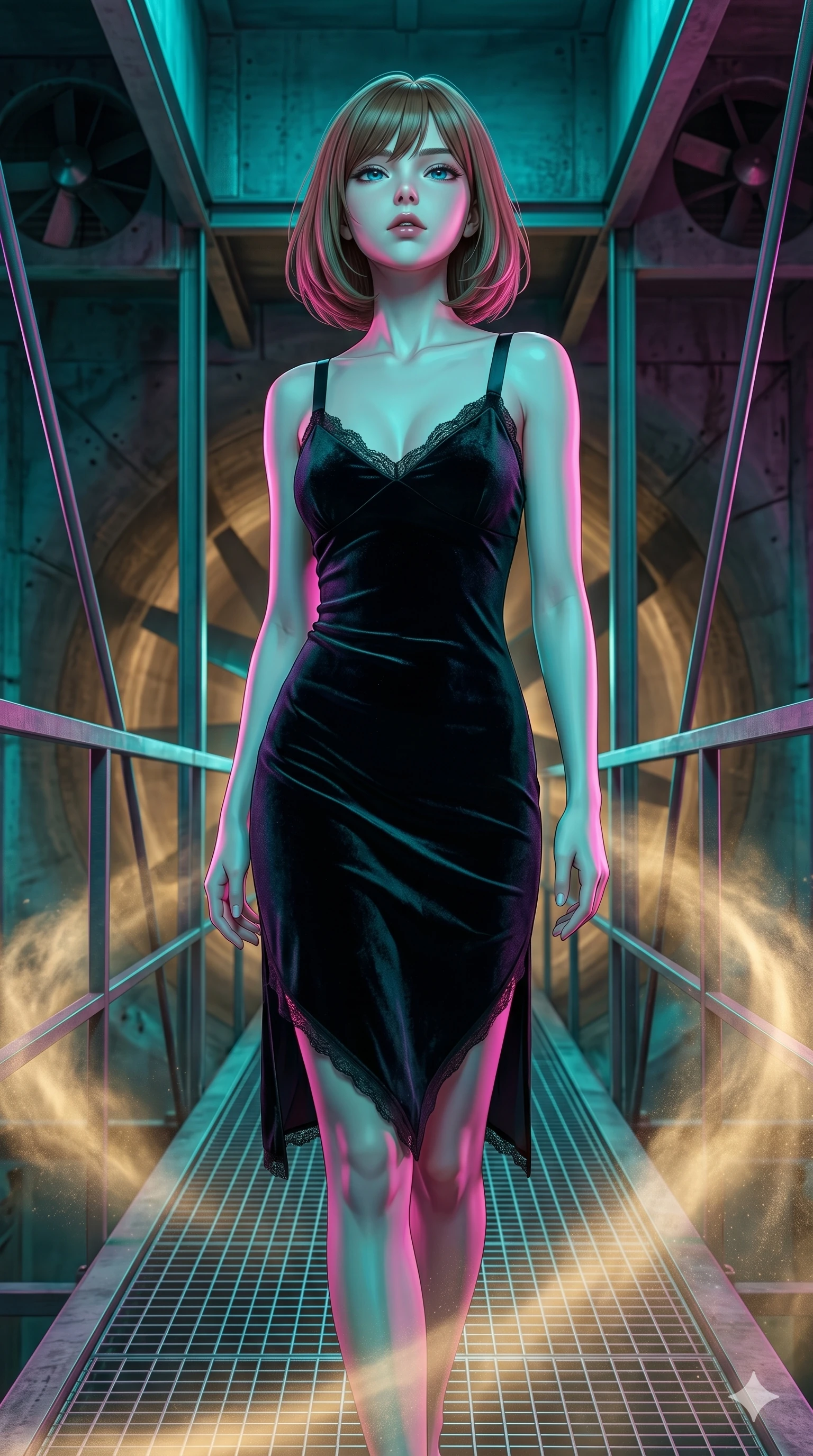 score_9, masterpiece, best quality, ultra-detailed, high-budget anime keyframe, editorial fashion photography, tasteful artistic composition, Caucasian woman, strictly human ears. cowboy shot from the thighs up, character and outfit filling the frame for maximum editorial presence. Tilting her chin up slightly with lips parted in a composed expression on a high-tech metal catwalk suspended inside a giant wind tunnel with swirling golden dust. She has an absolutely perfect 8-heads proportion, an exceptionally tall and slender female figure with impossibly long slender legs and an ultra-slim waist. V-shaped jawline, high-bridge nose, intricate jewel-like eyes with depth, thick eyelashes, glossy lips with a natural sheen. wearing a midnight-black velvet slip dress with thin satin straps, a V-neckline trimmed with fine lace, and an asymmetric hemline with a side slit. under intense neon teal and magenta split-lighting creating vivid chromatic contrast on her figure. 2k, ultra detail, master piece, 9:16 ratio