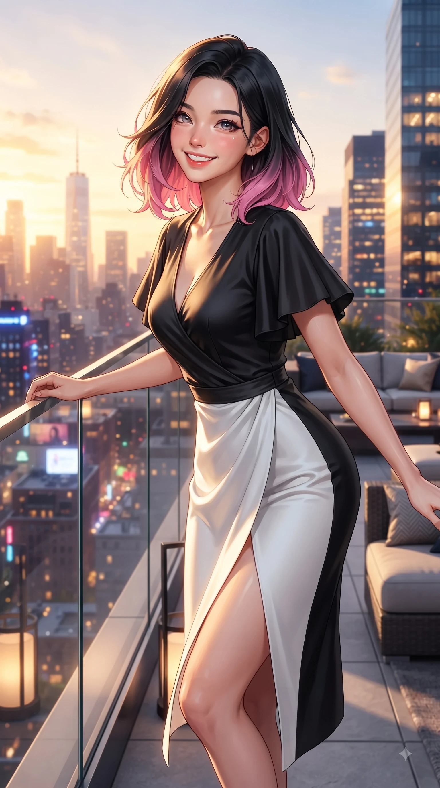 score_9, masterpiece, best quality, ultra-detailed, high-budget anime keyframe, editorial fashion photography, tasteful artistic composition, Korean woman. close-up cowboy shot from the waist and thighs up, the character dominates the composition, filling the frame with her large presence. Cheerful beaming smile with sparkling eyes and a fresh girlhood aura, leaning forward with playful grace while pivoting dynamically near a glass railing with city skyscraper outlines behind her. The surrounding environment is rendered in vivid detail and crisp panoramic clarity. vibrant city lights and stylish terrace lounge decor captured with environmental precision. She has an exceptionally elegant, slender, and willowy female figure with an ultra-slim waist, a gracefully sculpted slender torso, and a refined silhouette. sharp v-shaped jawline, high-bridge nose, intricate jewel-like eyes with depth, thick eyelashes, glossy lips with a natural sheen, flawlessly proportioned anatomical accuracy, natural body alignment, perfectly sculpted elegant limbs, clean dynamic posture without body distortion. wearing an elegant V-neck silk wrap dress with fluttery short sleeves and a cinched waist in sleek jet black and pure white contrast, made of premium stretch jersey that follows her curves like a glove, featuring a sleek side leg slit ascending to mid-thigh, the tailored fabric tightly following every curve of her athletic build. bathed in dramatic golden hour sunset glow and vibrant urban night lights. ultra-reflective glossy finish, specular highlights, metallic sheen, high-contrast stereoscopic depth, volumetric dynamic lighting, 2k, ultra detail, master piece, 9:16 ratio