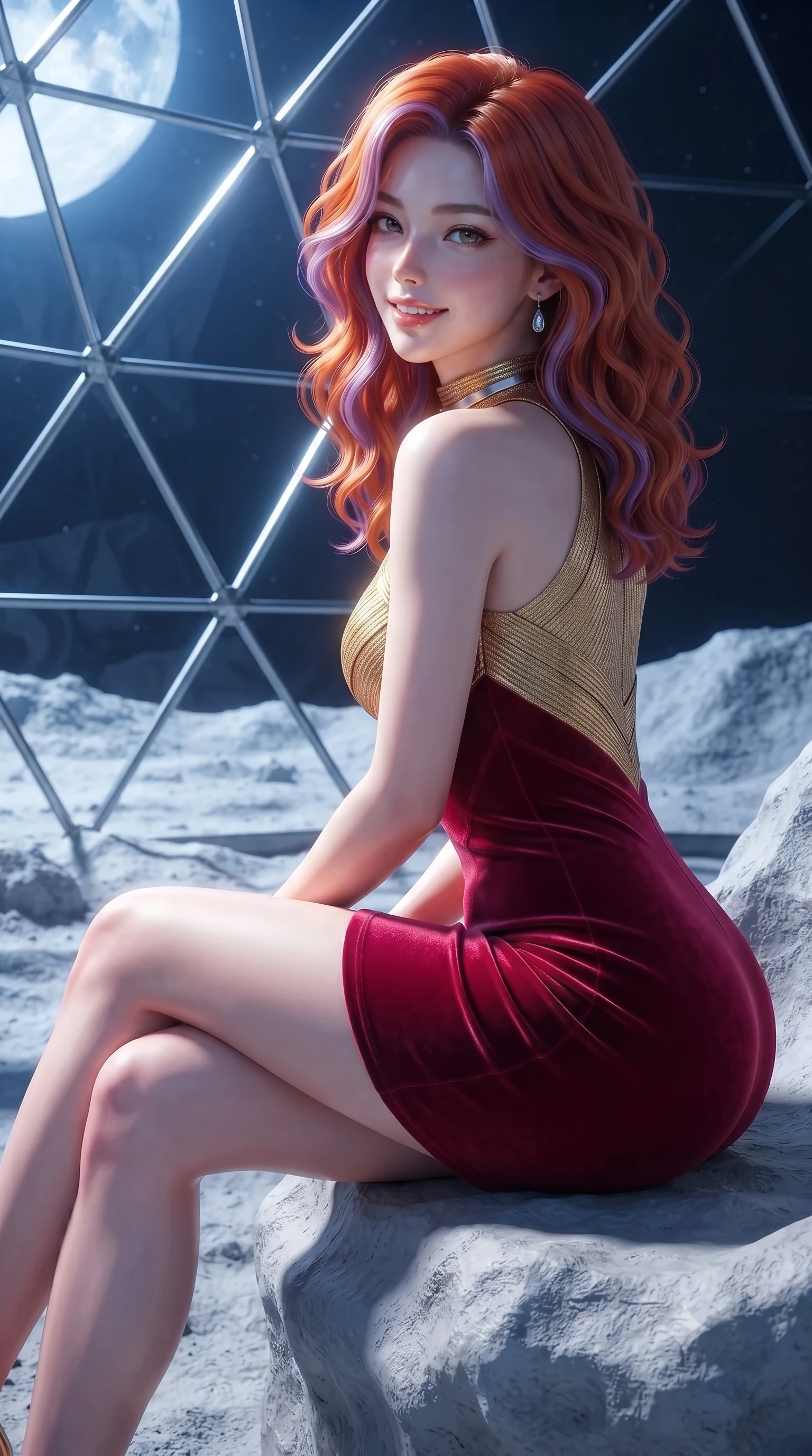 score_9, masterpiece, best quality, ultra-detailed, high-budget anime keyframe, editorial fashion photography, tasteful artistic composition, Caucasian woman. close-up cowboy shot from the waist and thighs up, the character dominates the composition, filling the frame with her large presence. posing in an alluring rear three-quarter angle, looking over a bare shoulder with parted glossy lips, her hips cocked back to highlight her slim hourglass curve while sitting gracefully on the sculpted moon-rock bench with legs crossed, flashing an enchanting smile with parted glossy lips. The surrounding environment is rendered in vivid detail and crisp panoramic clarity: sharp faceted geodesic glass node brackets, pristine lunar regolith texture outside, and polished lunar glass tiles inside in deep focus. She has an exceptionally elegant, slender, and willowy female figure with an ultra-slim waist, flat toned midriff, narrow ribcage, and sculpted feminine hips creating an alluring, slim hourglass silhouette without bulk. sharp v-shaped jawline, high-bridge nose, intricate jewel-like sparkling eyes with depth, thick eyelashes, glossy parted lips with a natural peach sheen, bright cheerful beaming smile with an enchanting and coquettish sensual glint, exuding both youthful cute charm and seductive allure, flawlessly proportioned anatomical accuracy, strict slender model proportions, natural body alignment, perfectly sculpted long slender limbs, ultra-slim waistline, clean dynamic posture without body distortion. wearing a dense bandage knit cyber-cocktail dress with mock neck hugging her delicate ribcage and hips like a second skin in Cyber-Baroque gilded gold and royal crimson velvet, made of fluid liquid jersey with seamless sculpting hold and smooth contours, finished with a minimalist chrome choker and a single teardrop diamond pendant, the glove-like clinging cut tightly following the natural contour of her hips and long slender legs with youthful 8.5-heads elegance. bathed in the cool high-contrast cobalt-and-white Earthlight combined with warm 2800K dome interior reading lamps. ultra-reflective glossy finish, specular highlights, rich textural contrasts, high-contrast stereoscopic depth, volumetric dynamic lighting, 2k, ultra detail, master piece, 9:16 ratio