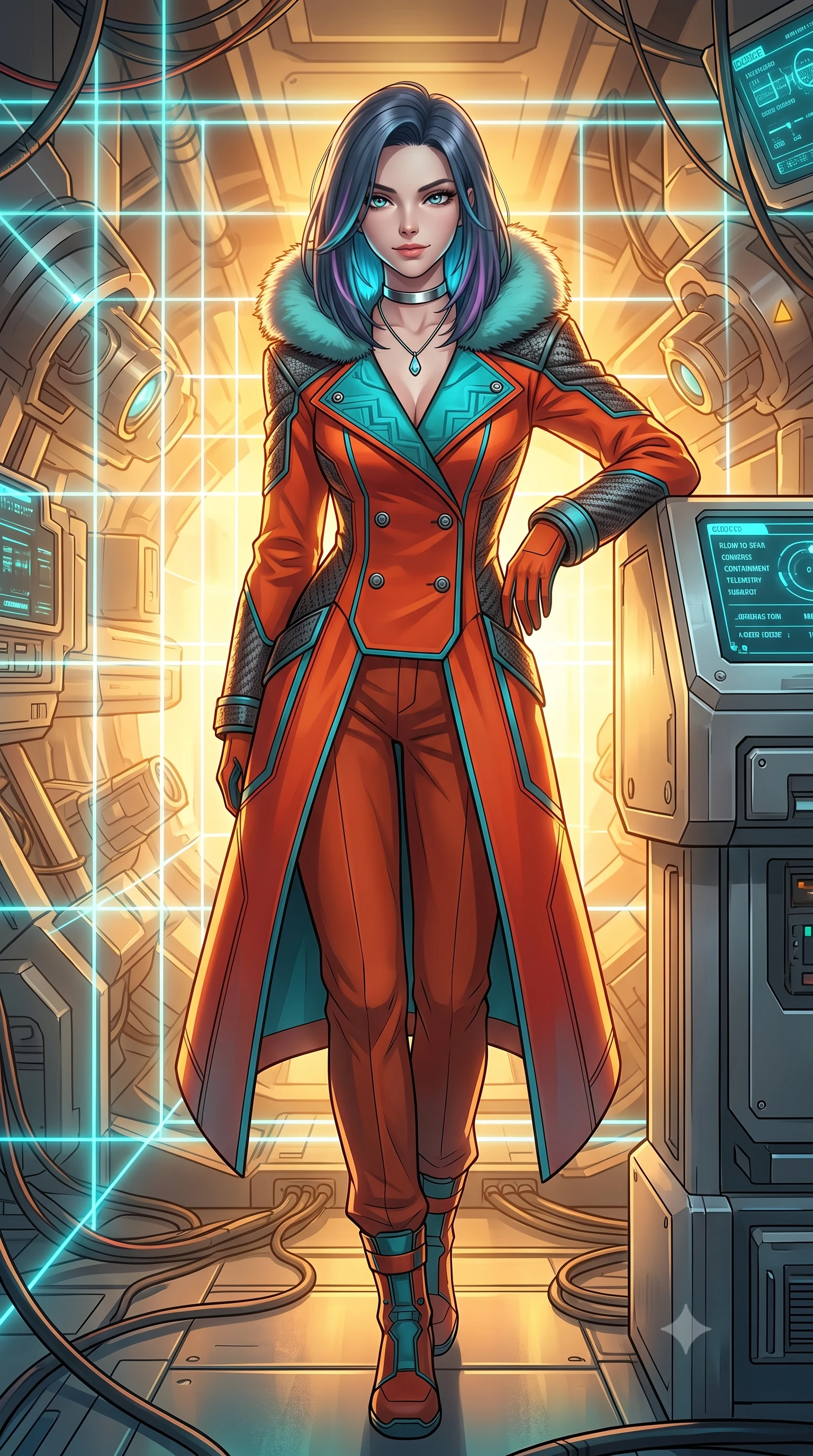 score_9, masterpiece, best quality, ultra-detailed, high-budget anime keyframe, semi-realistic 3D game render, editorial fashion photography, tasteful artistic composition, Caucasian woman. low angle full-body shot from head to toe showing her feet, filling the entire 9:16 vertical frame with her statuesque presence, stretching her vertical silhouette. stepping slowly toward the camera with hypnotic grace, hips swaying in an alluring sensual rhythm that accentuates her curvy hourglass silhouette and long slender legs while leaning against the magnetic stabilizer console with hips cocked back, looking through the shimmering laser containment grid with intoxicated smoldering bedroom-eyes. The surrounding environment is rendered in vivid detail and crisp panoramic clarity: sharp superconducting magnet housing seams, laser projector lenses, and digital containment telemetry readouts in deep focus. She has an exceptionally tall and slender model-like 8.5-heads proportion, an ultra-slim waist, a flat toned midriff, narrow delicate ribcage, and beautifully sculpted feminine hips creating a graceful, slim hourglass silhouette without any bulky heaviness, with impossibly long slender legs. sharp v-shaped jawline, high-bridge nose, intricate jewel-like sparkling eyes with depth, thick eyelashes, glossy parted lips with a natural peach sheen, bright cheerful beaming smile with an enchanting and coquettish sensual glint, exuding both youthful cute charm and seductive allure, flawlessly proportioned anatomical accuracy, strict slender model proportions, natural body alignment, perfectly sculpted long slender limbs, ultra-slim waistline, clean dynamic posture without body distortion. wearing a futuristic double-breasted arctic combat officer greatcoat with thermal fur-lined collar and tailored wool trousers in cyber-shinto vermilion and laser turquoise, woven from structured carbon-fiber jacquard with rich textural depth, finished with a minimalist chrome choker and a single teardrop diamond pendant, the bespoke structured tailoring following the natural line of her 8.5-heads silhouette with refined elegance. bathed in the blinding warm golden 3000K plasma radiance mixed with delicate cyan laser grid lines. highly saturated vibrant anime colors, detailed shading with soft gradients, rich glossy textures, high-contrast stereoscopic depth, volumetric dynamic lighting, master piece, 9:16 ratio