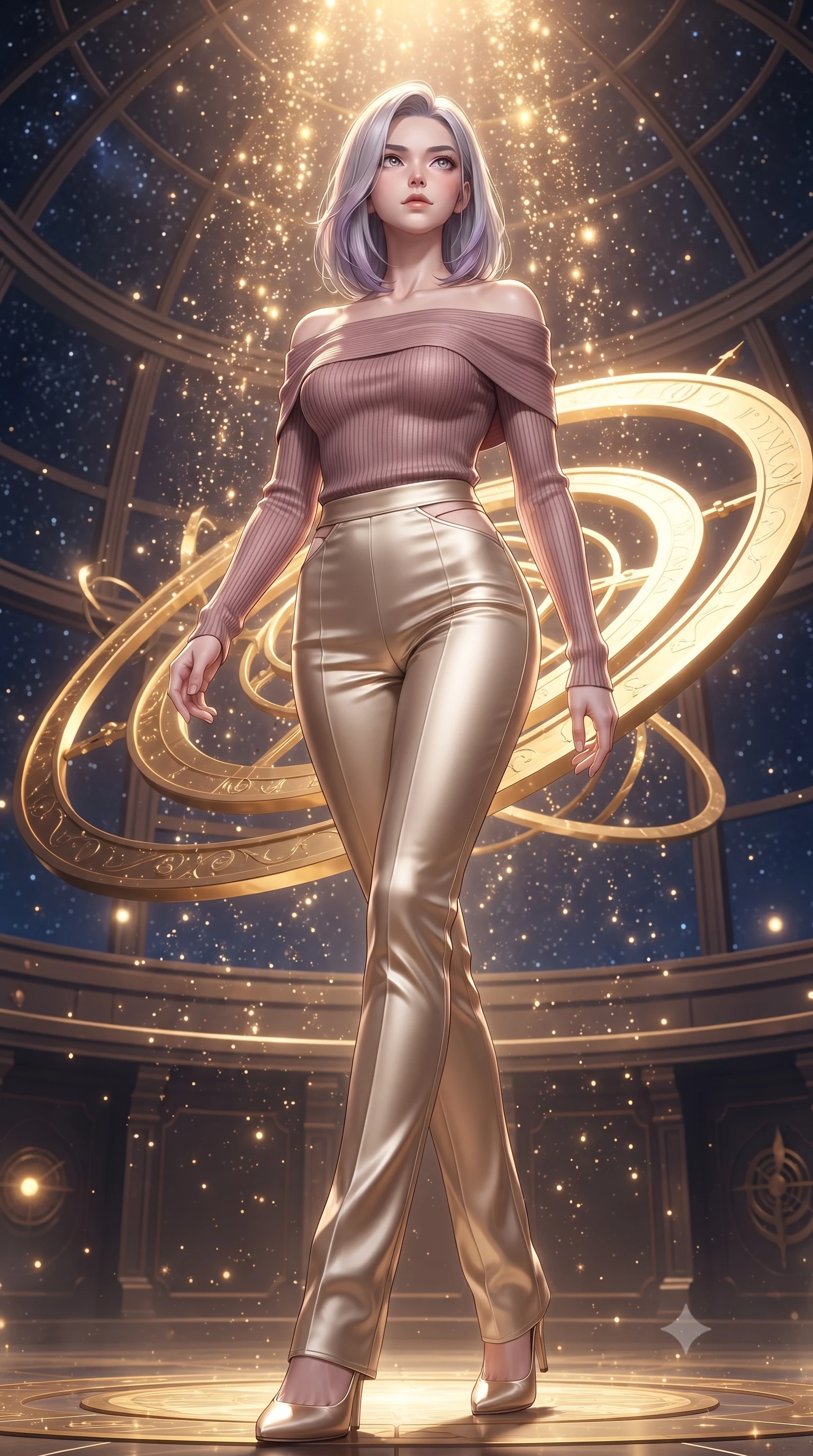 score_9, masterpiece, best quality, ultra-detailed, high-budget anime keyframe, editorial fashion photography, tasteful artistic composition, Caucasian woman. low angle full-body shot from head to toe showing her feet, filling the entire 9:16 vertical frame with her statuesque presence, stretching her vertical silhouette. navigating the luminous space with effortless poise, displaying her perfect model proportions inside a floating cosmic observatory with golden astrolabe rings, starlight particles falling like a golden shower around her. She has an absolutely perfect, statuesque 8.5-heads proportion, an exceptionally tall and slender model-like female figure with impossibly long slender legs and an ultra-slim waist. sharp v-shaped jawline, high-bridge nose, intricate jewel-like eyes with depth, thick eyelashes, glossy lips with a natural sheen. wearing a sleek off-shoulder ribbed knit top paired with high-waist tailored pants in dusty rose and champagne gold, crafted from lustrous satin jersey with fluid draping, featuring subtle geometric cutouts that highlight her ultra-slim midriff, the tailored fabric tightly following every curve of her athletic build. illuminated by brilliant starlight and warm golden inner glow from the astrolabe. ultra-reflective glossy finish, specular highlights, metallic sheen, high-contrast stereoscopic depth, volumetric dynamic lighting, 2k, ultra detail, master piece, 9:16 ratio