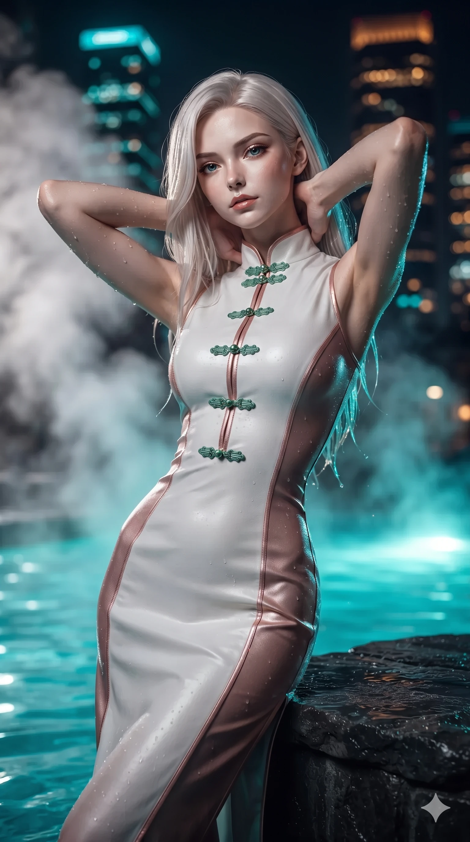 score_9, masterpiece, best quality, ultra-detailed, high-budget anime keyframe, editorial fashion photography, tasteful artistic composition, Caucasian woman. close-up cowboy shot from the waist and thighs up, the character dominates the composition, filling the frame with her large presence. resting both hands lightly behind her neck with elbows raised, arching her spine to highlight her narrow waist, flat midriff, and breathtaking collarbones while twisting her slender torso in an alluring S-curve on the wet basalt ledge, glowing turquoise pool illumination and neon reflections tracing her silhouette. The background shows a soft-focus swirling white geothermal steam plumes, glowing turquoise thermal water, and distant illuminated skyscrapers blurred into turquoise, amber, and midnight obsidian bokeh. She has an exceptionally elegant, slender, and willowy female figure with an ultra-slim waist, flat toned midriff, narrow ribcage, and sculpted feminine hips creating an alluring, slim hourglass silhouette without bulk. sharp v-shaped jawline, high-bridge nose, intricate jewel-like sparkling eyes with depth, thick eyelashes, glossy parted lips with a natural sheen, intensely captivating and seductive bedroom-eyes expression, exuding both youthful cute charm and sovereign luxury allure, flawlessly proportioned anatomical accuracy, strict slender model proportions, natural body alignment, perfectly sculpted long slender limbs, ultra-slim waistline, clean dynamic posture without body distortion. wearing a glove-like stretch lambskin leather sheath dress accentuating her ultra-slim waistline without bulk in celestial porcelain white and rose-gold, made of fluid liquid jersey with seamless sculpting hold and smooth contours, finished with sleek jade frog closures glinting along her high collar, the form-contouring cut accentuating her sculpted flat midriff, narrow delicate ribcage, and gracefully curvy hips with intoxicating allure. bathed in the radiant underwater turquoise glow of the thermal pool mixed with ambient city neon from the surrounding skyline. ultra-reflective glossy finish, specular highlights, rich textural contrasts, high-contrast stereoscopic depth, volumetric dynamic lighting, 2k, ultra detail, master piece, 9:16 ratio