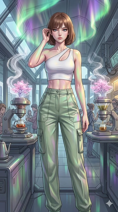 score_9, masterpiece, best quality, ultra-detailed, high-budget anime keyframe, editorial fashion photography, tasteful artistic composition, Caucasian woman, strictly human ears. cowboy shot from the thighs up, character and outfit filling the frame
