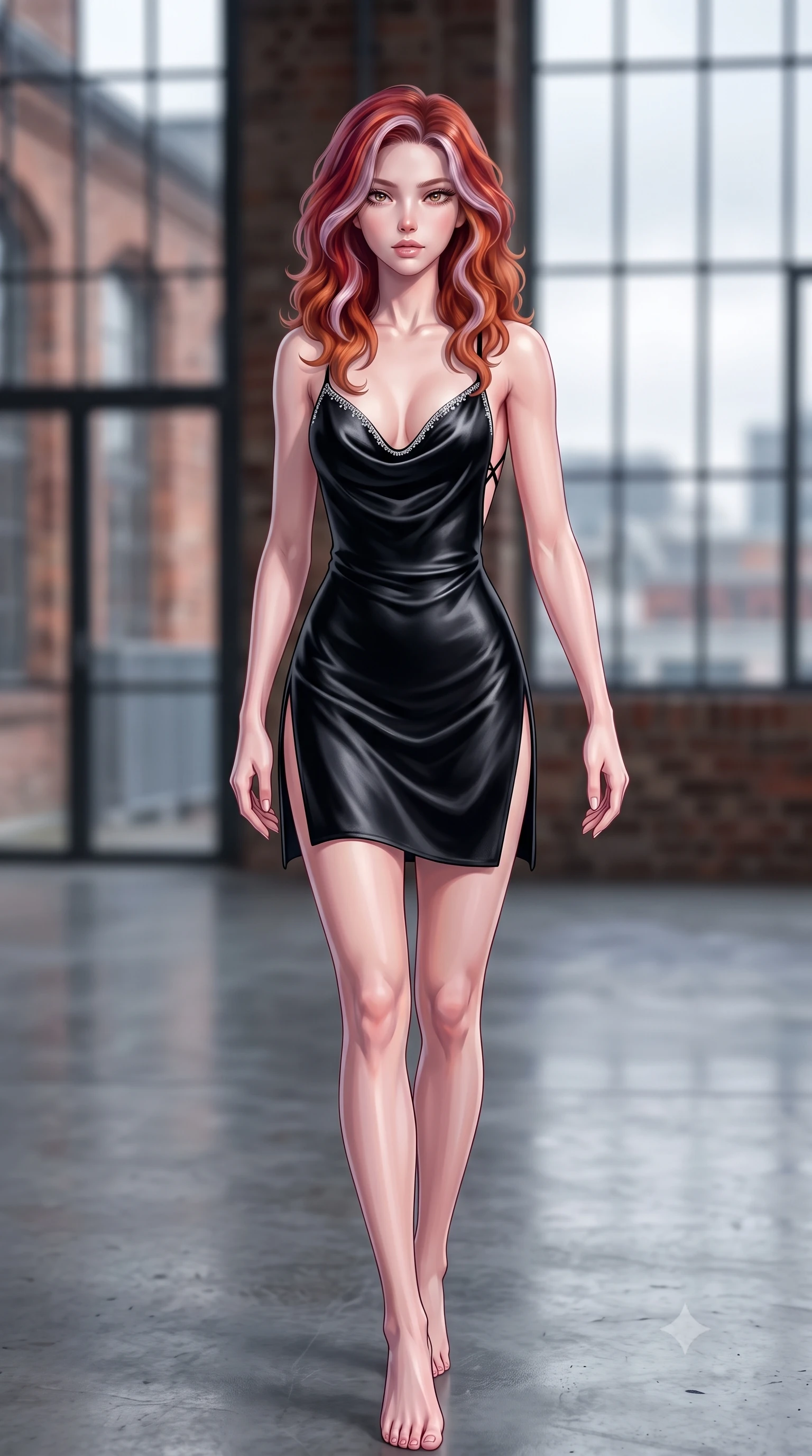 score_9, masterpiece, best quality, ultra-detailed, high-budget anime keyframe, semi-realistic 3D game render, editorial fashion photography, tasteful artistic composition, Caucasian woman. close-up cowboy shot from the waist and thighs up, the character dominates the composition, filling the frame with her large presence. leaning back with relaxed seductive grace, her sculpted collarbones and narrow waist highlighted as she casts smoldering bedroom-eyes directly into the camera while striding across the polished industrial concrete floor, her sleek aerodynamic dress clinging to her narrow waist and long legs. The composition keeps background elements in soft focus with creamy bokeh. historic Berlin industrial brick buildings and overcast urban skies blurred into cool slate, charcoal, and warm terracotta bokeh through steel-framed glass. She has an exceptionally elegant, slender, and willowy female figure with an ultra-slim waist, flat toned midriff, narrow ribcage, and sculpted feminine hips creating an alluring, slim hourglass silhouette without bulk. sharp v-shaped jawline, high-bridge nose, intricate jewel-like eyes with depth, thick eyelashes, glossy parted lips with a natural sheen, intensely captivating and seductive bedroom-eyes expression, flawlessly proportioned anatomical accuracy, strict slender model proportions, natural body alignment, perfectly sculpted long slender limbs, ultra-slim waistline, clean dynamic posture without body distortion. wearing a backless cowl-neck satin slip dress featuring high-cut side hip slits and delicate criss-cross back straps in pitch-black velvet with diamond crystal trim, formed from supple second-skin lambskin leather with specular sheen, finished with delicate crystal frost embroidery tracing the plunging neckline, the liquid-tight tailored fabric clinging flawlessly to her narrow waist and rounded feminine hips, emphasizing every millimeter of her sculpted slim hourglass curves without any bulky heaviness. bathed in pure, diffused northern European overcast daylight streaming through floor-to-ceiling industrial steel windows. highly saturated vibrant anime colors, detailed shading with soft gradients, rich glossy textures, high-contrast stereoscopic depth, volumetric dynamic lighting, master piece, 9:16 ratio