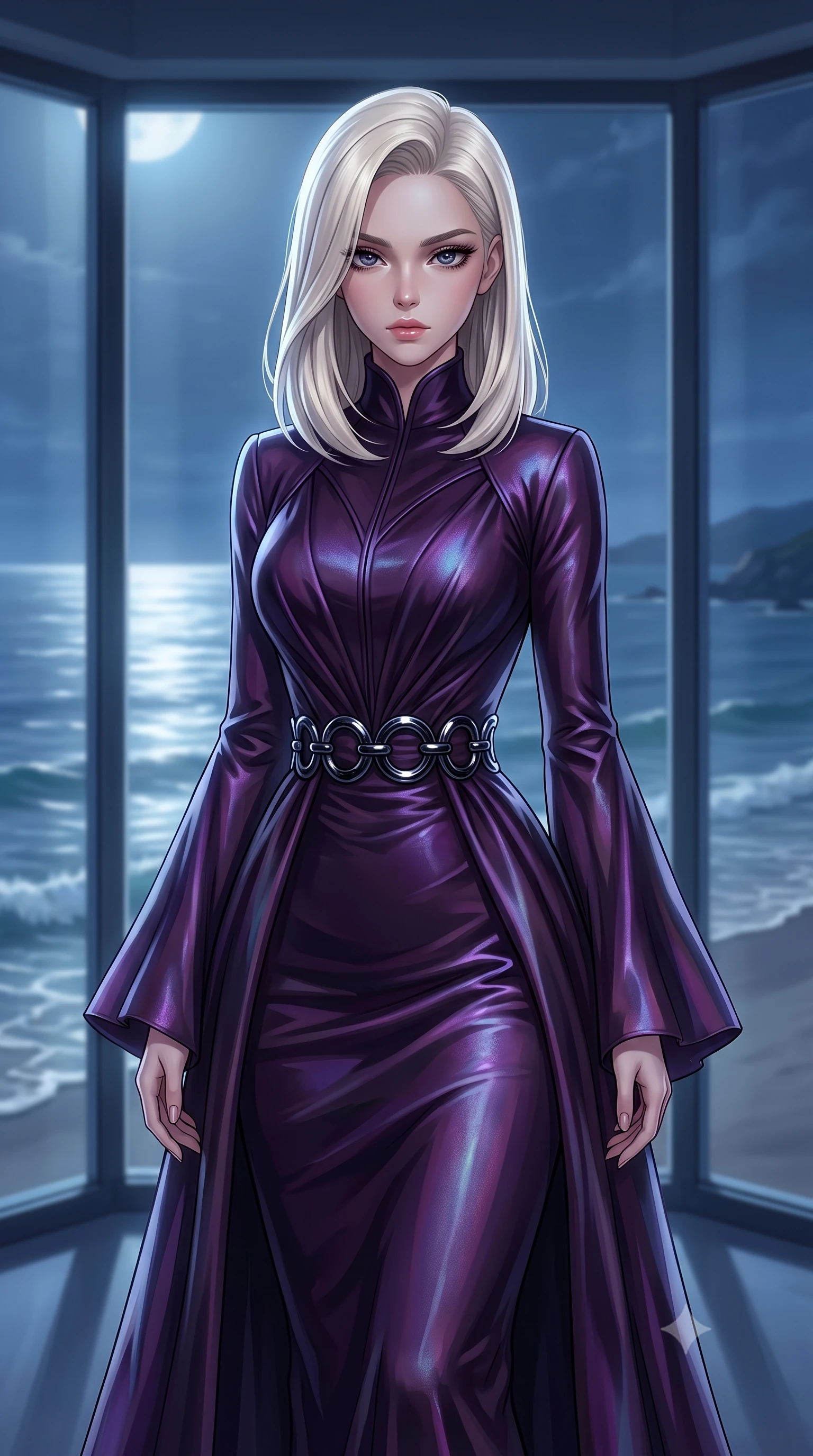 score_9, masterpiece, best quality, ultra-detailed, high-budget anime keyframe, editorial fashion photography, tasteful artistic composition, Caucasian woman. close-up cowboy shot from the waist and thighs up, the character dominates the composition, filling the frame with her large presence, background elements kept in soft focus. Casting a slow, direct gaze beneath heavy lashes with quiet intensity, poised before a floor-to-ceiling glass bay looking out over calm moonlit ocean waves, magnetic tranquility with intense visual presence. She has an exceptionally elegant, slender, and willowy female figure with an ultra-slim waist, a gracefully sculpted slender torso, and a refined silhouette. sharp v-shaped jawline, high-bridge nose, intricate jewel-like eyes with depth, thick eyelashes, glossy lips with a natural sheen. wearing gothic high-collar dark plum silk evening gown with bell sleeves in dark plum violet, made of iridescent dark violet taffeta, accented with sculpted obsidian chrome rings at the waist, contouring every curve with an exceptionally elegant silhouette. illuminated by cold silver moonlight rays and soft interior ocean reflections. highly saturated vibrant anime colors, detailed shading with soft gradients, rich glossy textures, high-contrast stereoscopic depth, volumetric dynamic lighting, master piece, 9:16 ratio