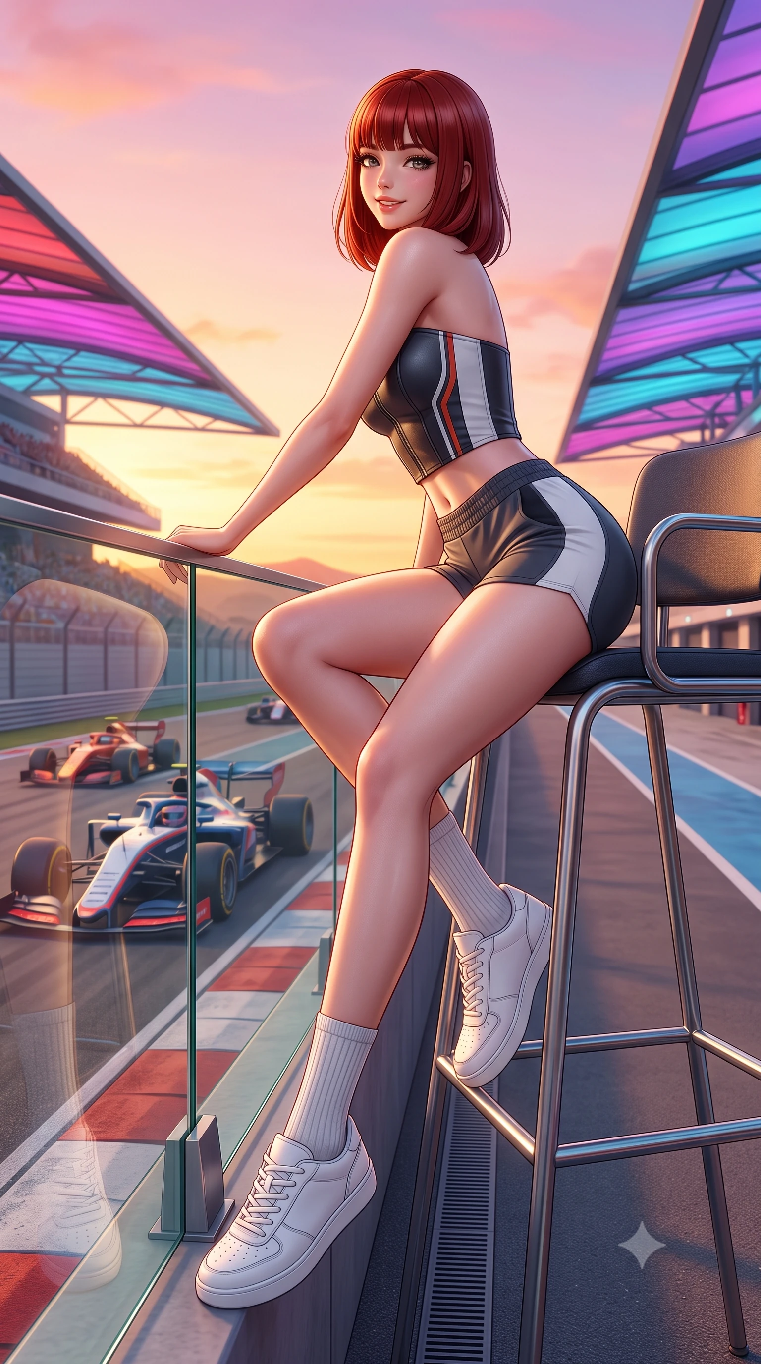 score_9, masterpiece, best quality, ultra-detailed, high-budget anime keyframe, semi-realistic 3D game render, editorial fashion photography, tasteful artistic composition, Caucasian woman. low angle full-body shot from head to toe showing her feet, filling the entire 9:16 vertical frame with her statuesque presence, stretching her vertical silhouette. sitting perched on the elevated umpire chair with legs crossed and hips angled toward the camera, displaying her toned midriff and long slender limbs with joyful, coquettish charm while leaning against the trackside parapet with hips cocked back, looking over a bare shoulder toward high-speed racing cars braking into the chicane. The surrounding environment is rendered in vivid detail and crisp panoramic clarity: sharp glass parapet bevels, brushed aluminum deck fittings, and racetrack curbing texture in deep focus. She has an absolutely perfect, statuesque 8.5-heads proportion, an exceptionally tall and slender model-like female figure with impossibly long slender legs, an ultra-slim waist, a flat toned midriff, narrow delicate ribcage, and beautifully sculpted feminine hips creating a graceful, slim hourglass silhouette without any bulky heaviness. sharp v-shaped jawline, high-bridge nose, sparkling eyes with athletic focus and depth, thick curled eyelashes, glossy parted lips with a natural coral-peach sheen, bright confident and coquettish smile with alluring bedroom-eyes, exuding both youthful sporty vigor and sovereign high-society glamour, flawlessly proportioned anatomical accuracy, strict slender model proportions, natural body alignment, perfectly sculpted long slender limbs, ultra-slim waistline, clean dynamic posture without body distortion. wearing a strapless structured leather corset top with racing stripe accents paired with high-waisted track shorts in speedway charcoal slate and optic white accents, made of second-skin technical compression piqué knit with moisture-wicking stretch, complemented by ribbed knit crew socks and clean white designer court sneakers, the glove-like aerodynamic silhouette tightly following the natural contour of her hips and long slender legs with youthful 8.5-heads elegance. bathed in dramatic desert sunset golden hour twilight combined with vibrant LED canopy color washes. highly saturated vibrant anime colors, detailed shading with soft gradients, rich glossy textures, high-contrast stereoscopic depth, volumetric dynamic lighting, master piece, 9:16 ratio