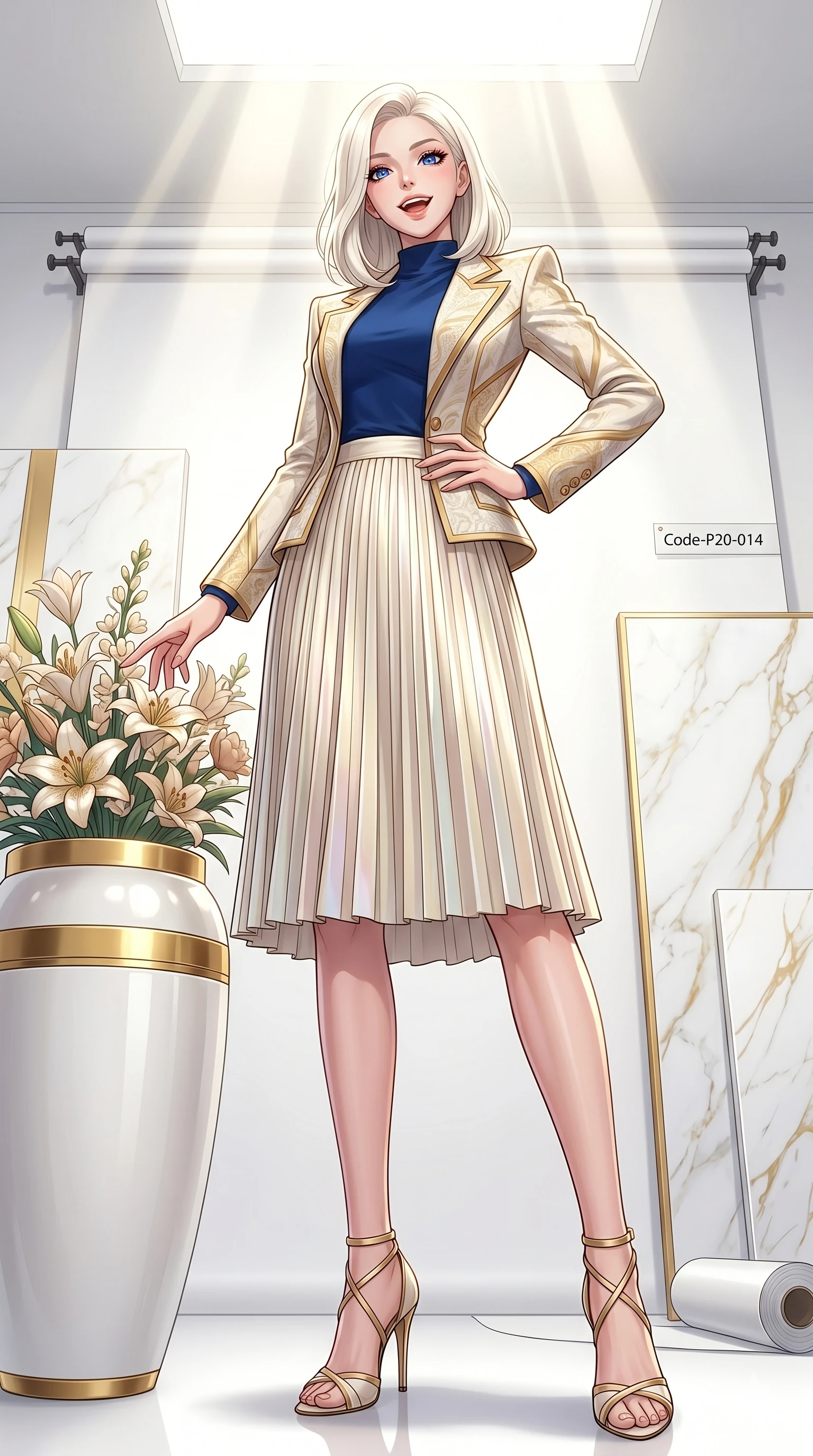 score_9, masterpiece, best quality, ultra-detailed, high-budget anime keyframe, vibrant anime aesthetic, Caucasian woman, strictly human ears. low angle full-body shot from head to toe showing her feet, filling the entire 9:16 vertical frame with her statuesque presence, stretching her vertical silhouette. She is standing by a flower pot, smiling brightly while reaching out a hand playfully inside a high-fashion photography studio with a bright white and gold setup (Code-P20-014). She has an absolutely perfect 8-heads proportion, an exceptionally tall and slender female figure with impossibly long slender legs and an ultra-slim waist. V-shaped jawline, high-bridge nose, intricate jewel-like eyes with depth, thick eyelashes, glossy lips with a natural sheen. wearing a structured designer jacket over a high-neck cotton top and pleated skirt. She is illuminated by bright, direct sunbeams in a photography studio, creating clean outlines. 2k, ultra detail, master piece, 9:16 ratio