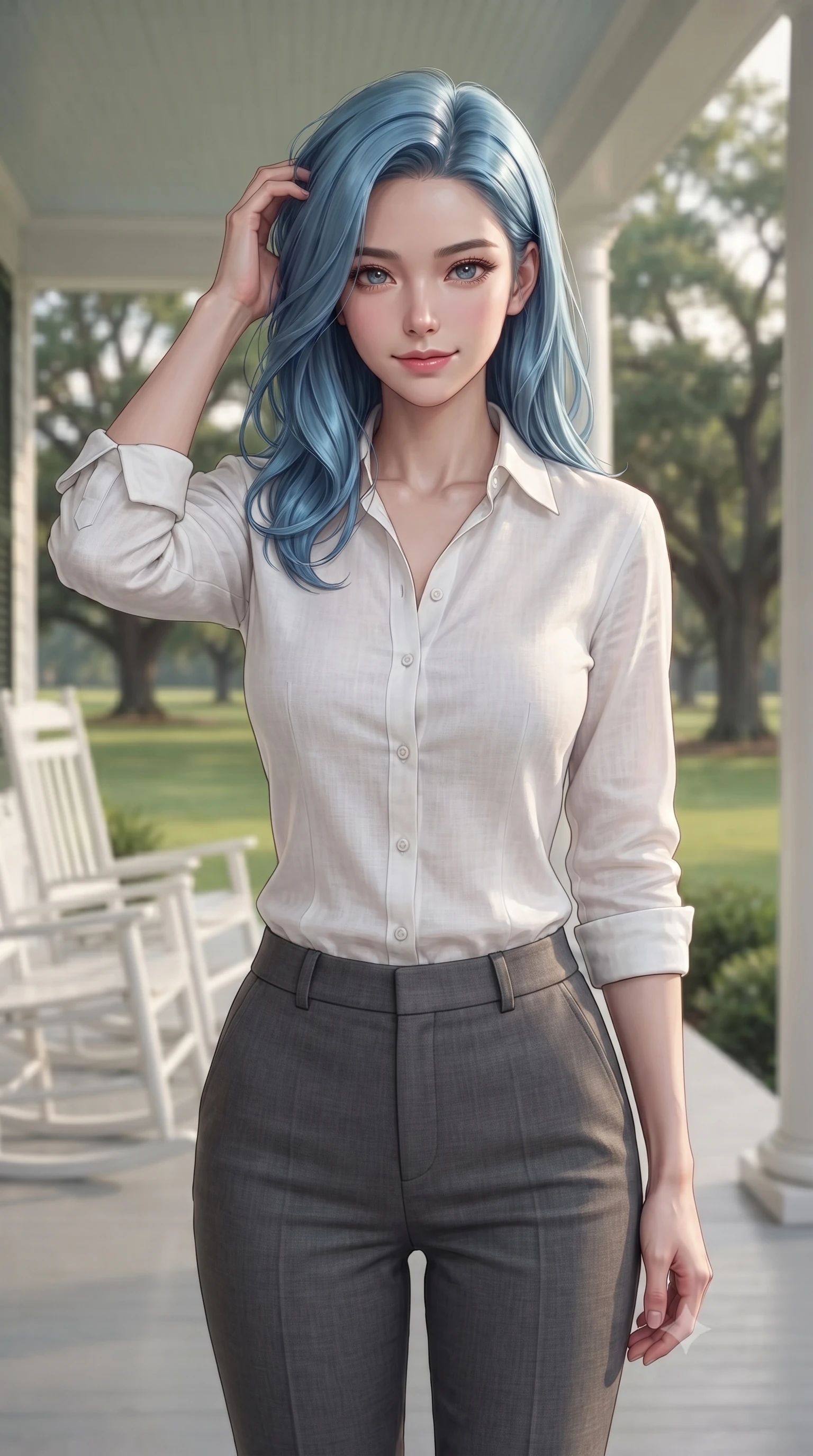 score_9, masterpiece, best quality, ultra-detailed, high-budget anime keyframe, editorial fashion photography, tasteful artistic composition, Korean woman woman. close-up cowboy shot from the waist and thighs up, the character dominates the composition, filling the frame with her large presence, background elements kept in soft focus. smiling with quiet, magnetic self-assurance directly into the camera, running a hand through her hair the background shows a soft-focus a wide white veranda with rocking chairs, overlooking a large green lawn with oak trees. She has an exceptionally elegant, slender, and willowy female figure with an ultra-slim waist, a gracefully sculpted slender torso, and a refined silhouette. sharp v-shaped jawline, high-bridge nose, intricate jewel-like eyes with depth, thick eyelashes, glossy lips with a natural sheen. wearing a body-hugging classic white linen button-down shirt over charcoal grey trousers. soft late afternoon sunbeams casting a nostalgic, peaceful glow. ultra-reflective glossy finish, specular highlights, metallic sheen, high-contrast stereoscopic depth, volumetric dynamic lighting, 2k, ultra detail, master piece, 9:16 ratio