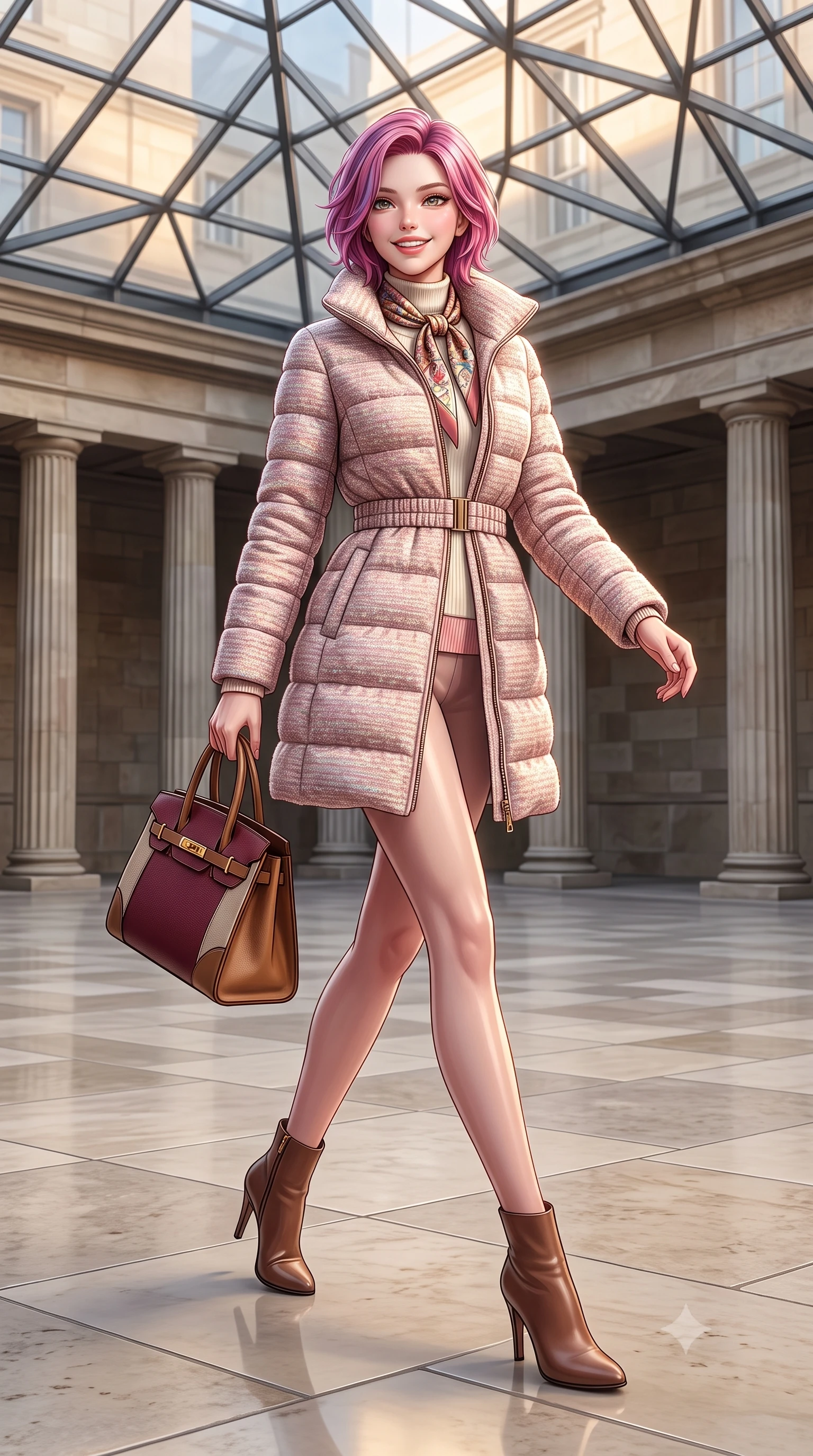 score_9, masterpiece, best quality, ultra-detailed, high-budget anime keyframe, semi-realistic 3D game render, editorial fashion photography, tasteful artistic composition, Caucasian woman. low angle full-body shot from head to toe showing her feet, filling the entire 9:16 vertical frame with her statuesque presence, stretching her vertical silhouette. walking briskly with tall supermodel strides, one hand holding her leather bag and the other swinging with energetic charm while stepping gracefully across the vast limestone courtyard floor, her long tailored coat flowing with statuesque elegance. The surrounding environment is rendered in vivid detail and crisp panoramic clarity: sharp geometric steel strut joinery of glass ceiling, fluted column stone grooves, and smooth honed limestone paving joints in deep focus. She has an exceptionally tall and slender model-like 8.5-heads proportion, an ultra-slim waist, a flat toned midriff, narrow delicate ribcage, and beautifully sculpted feminine hips creating a graceful, slim hourglass silhouette without any bulky heaviness, with impossibly long slender legs. sharp v-shaped jawline, high-bridge nose, intricate jewel-like sparkling eyes with depth, thick eyelashes, glossy parted lips with a natural peach sheen, bright cheerful beaming smile with an enchanting and coquettish sensual glint, exuding both youthful cute charm and seductive allure, flawlessly proportioned anatomical accuracy, strict slender model proportions, natural body alignment, perfectly sculpted long slender limbs, ultra-slim waistline, clean dynamic posture without body distortion. wearing a tailored quilted down coat with a cinched elastic belt and high funnel neck over thermal knit layers in Parisian pastel rose bouclé and cream pearl, woven from fine Australian merino wool with a smooth fluid drape and subtle sheen, finished with a printed silk twilly scarf knotted gracefully around her neck, the precision-cut high-waisted tailoring accentuating her ultra-slim waist and long slender leg line with immaculate aristocratic poise. illuminated by pale stone reflection bounce and sharp platinum rim lights sculpting her jawline, narrow waist, and statuesque proportions. highly saturated vibrant anime colors, detailed shading with soft gradients, rich glossy textures, high-contrast stereoscopic depth, volumetric dynamic lighting, master piece, 9:16 ratio