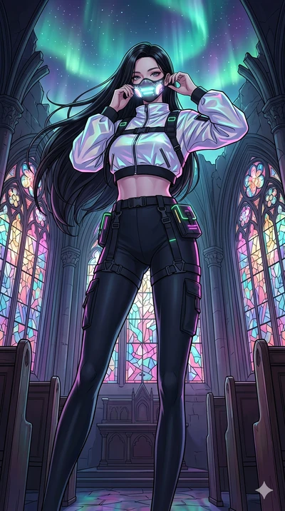 score_9, masterpiece, best quality, ultra-detailed, high-budget anime movie keyframe, cinematic anime lighting, intricate line art, Korean woman. Dynamic full-body shot stretching the vertical silhouette across the 9:16 frame. adjusting a glowing mas