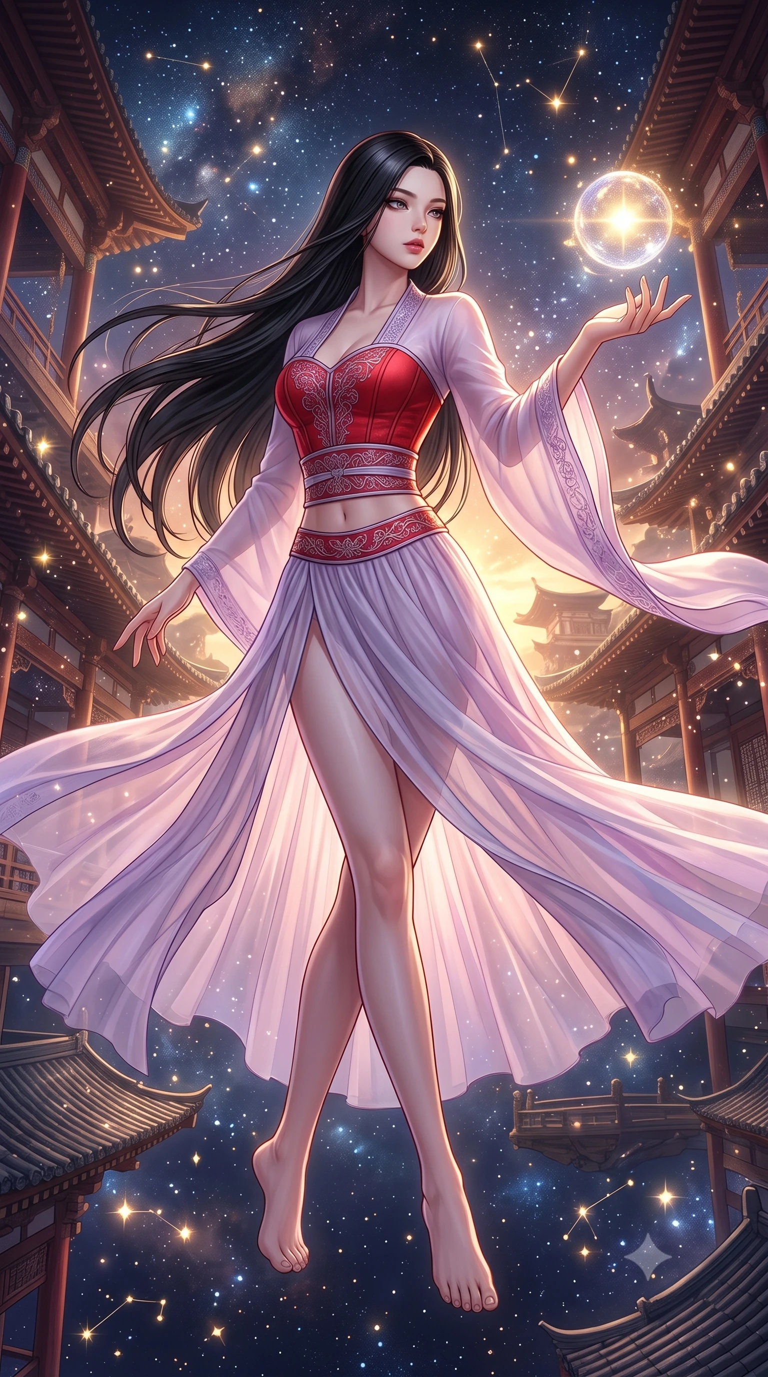 score_9, masterpiece, best quality, ultra-detailed, high-budget anime keyframe, semi-realistic 3D game render, editorial fashion photography, tasteful artistic composition, Korean woman. low angle full-body shot from head to toe showing her feet, filling the entire 9:16 vertical frame with her statuesque presence, stretching her vertical silhouette. executing an elegant mid-motion spin with effortless grace, her garments fluttering softly around her ultra-slim waistline while reaching out gracefully toward a floating orb of starlight, her long slender legs and willowy torso extended in pure dancer poise. The surrounding environment is rendered in vivid detail and crisp panoramic clarity. transcendent zero-gravity chiaroscuro and cosmic oriental palace aesthetics captured with precision. She has an absolutely perfect, statuesque 8.5-heads proportion, an exceptionally tall and slender model-like female figure with impossibly long slender legs, a toned flat midriff, and an ultra-slim waist. sharp v-shaped jawline, high-bridge nose, intricate jewel-like eyes with depth, thick eyelashes, glossy lips with a natural sheen, captivating and magnetic expression, flawlessly proportioned anatomical accuracy, strict slender model proportions, natural body alignment, perfectly sculpted long slender limbs, ultra-slim waistline, clean dynamic posture without body distortion. wearing a sacred shrine maiden couture robe with sheer pleated chiffon skirt and structured scarlet corset top in ethereal lilac mist and pearlescent white, woven from fine mulberry silk with metallic thread embroidery, finished with a wide embroidered waist band emphasizing her slender midriff, the form-contouring material adhering flawlessly to her sculpted flat midriff and slender torso, emphasizing her long leg lines and perfectly proportioned willowy build. bathed in multidirectional celestial starlight and warm golden constellation backlighting. highly saturated vibrant anime colors, detailed shading with soft gradients, rich glossy textures, high-contrast stereoscopic depth, volumetric dynamic lighting, master piece, 9:16 ratio