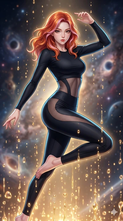 score_9, masterpiece, best quality, ultra-detailed, high-budget anime keyframe, Korean woman. upper body close-up from the thighs up, character filling the screen for maximum presence. dodging ethereal liquid gold rain that rises upward from the grou