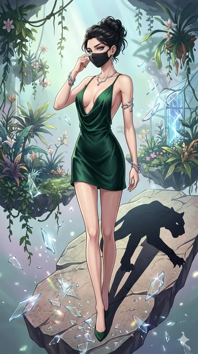 score_9, masterpiece, best quality, ultra-detailed, Set A: High-budget Anime Keyframe, Caucasian (strictly human ears) woman. Low angle cowboy shot filling the entire 9:16 frame with her statuesque presence. Adjusting a mask through a floating botani