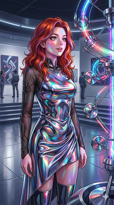 score_9, masterpiece, best quality, ultra-detailed, high-budget anime keyframe, Caucasian woman, strictly human ears. Upper body close-up from the thighs up, character filling the screen for maximum presence. Inside a space station art gallery, next 