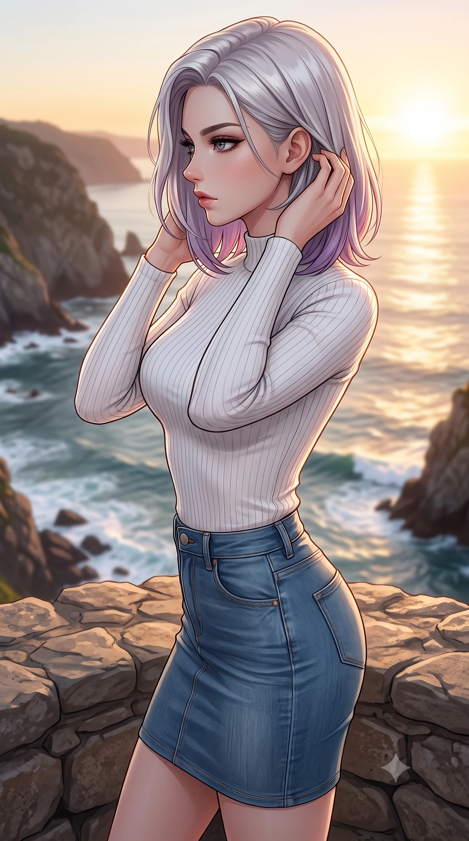 score_9, masterpiece, best quality, ultra-detailed, high-budget anime keyframe, editorial fashion photography, tasteful artistic composition, Caucasian woman woman. close-up cowboy shot from the waist and thighs up, the character dominates the composition, filling the frame with her large presence, background elements kept in soft focus. turning her face in sharp profile, casting a cold, mysterious, yet intensely sensual side gaze the background shows a soft-focus a natural stone lookout platform facing a dramatic rocky bay with breaking waves. She has an exceptionally elegant, slender, and willowy female figure with an ultra-slim waist, a gracefully sculpted slender torso, and a refined silhouette. sharp v-shaped jawline, high-bridge nose, intricate jewel-like eyes with depth, thick eyelashes, glossy lips with a natural sheen. wearing a form-contouring form-contouring white ribbed mock-neck top paired with a tight denim pencil skirt. the golden hour sunset creating a warm, majestic glow on the water. 2k, ultra detail, master piece, 9:16 ratio