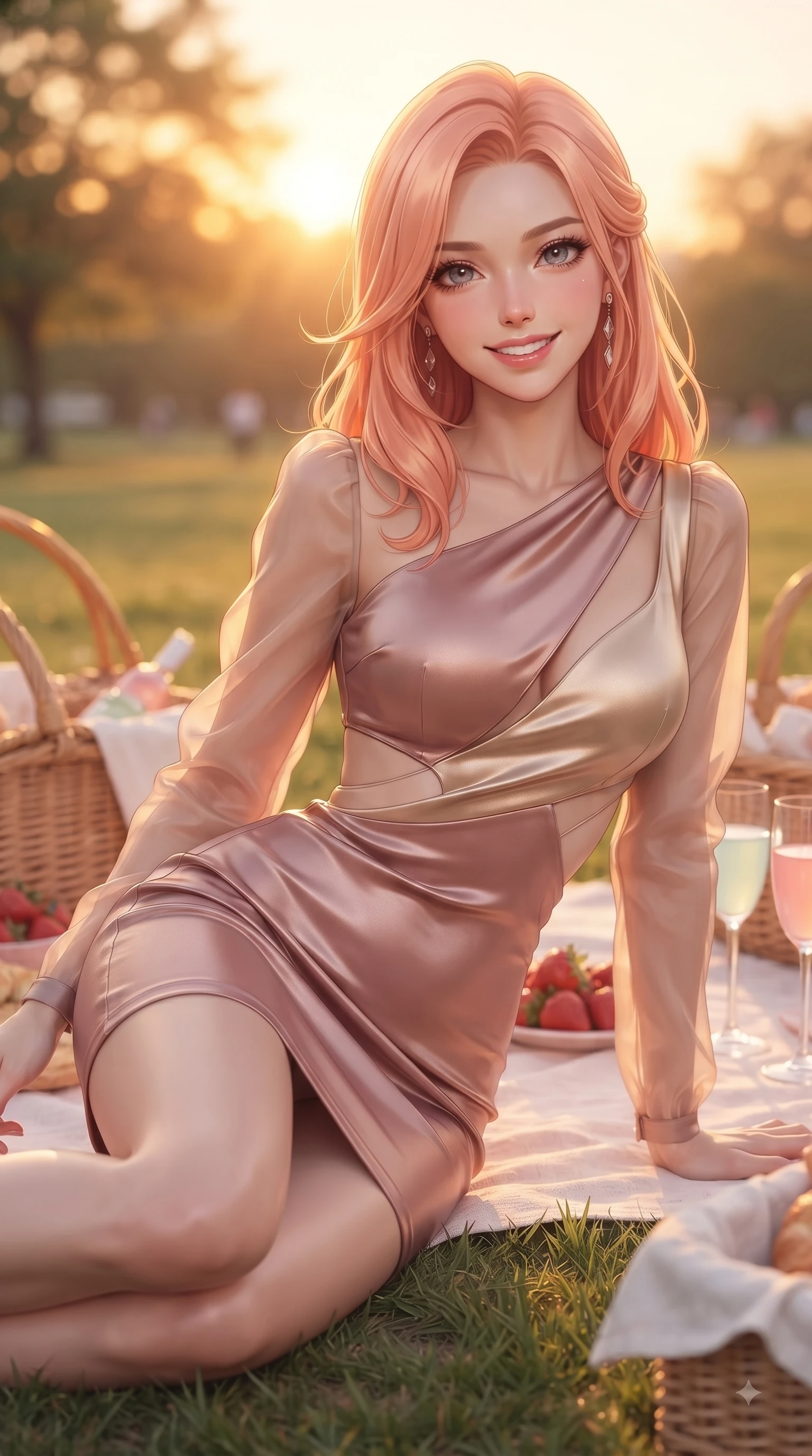 score_9, masterpiece, best quality, ultra-detailed, high-budget anime keyframe, editorial fashion photography, tasteful artistic composition, Japanese woman. close-up cowboy shot from the waist and thighs up, the character dominates the composition, filling the frame with her large presence, background elements kept in soft focus. Gazing directly into the camera with a fresh, infectious smile as her torso curves dynamically in mid-stride while resting on her elbow on the grass while looking up with sparkling, happy eyes at the sunset, picnic baskets, fresh strawberries, and pastel drinks adding a sweet girlhood charm. She has an exceptionally elegant, slender, and willowy female figure with an ultra-slim waist, a gracefully sculpted slender torso, and a refined silhouette. sharp v-shaped jawline, high-bridge nose, intricate jewel-like eyes with depth, thick eyelashes, glossy lips with a natural sheen, flawlessly proportioned anatomical accuracy, natural body alignment, perfectly sculpted elegant limbs, clean dynamic posture without body distortion. wearing a sleek bodycon knit dress with strategic sheer organza sleeve panels in dusty rose and champagne gold, crafted from lustrous satin jersey with fluid draping, featuring clean architectural cutouts along her slender torso, the form-contouring material highlighting her ultra-slim waist and long lines. bathed in glorious golden hour sunset sunbeams and warm amber sky radiance. ultra-reflective glossy finish, specular highlights, metallic sheen, high-contrast stereoscopic depth, volumetric dynamic lighting, 2k, ultra detail, master piece, 9:16 ratio