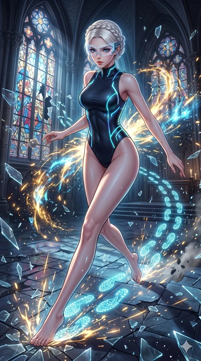 score_9, masterpiece, best quality, ultra-detailed, Set A: High-budget Anime Keyframe, Korean woman. Upper body close-up from the thighs up, character filling the screen for maximum presence. Sliding through a shattered glass cathedral, as she leaves